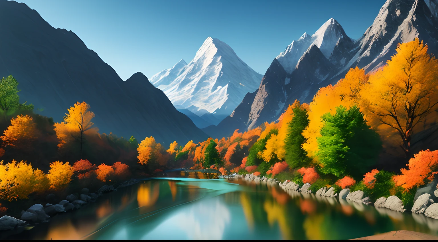 a river with a mountain in the background, a matte painting by Torii Kiyomitsu, shutterstock contest winner, color field, terragen, photo taken with ektachrome, vivid colors