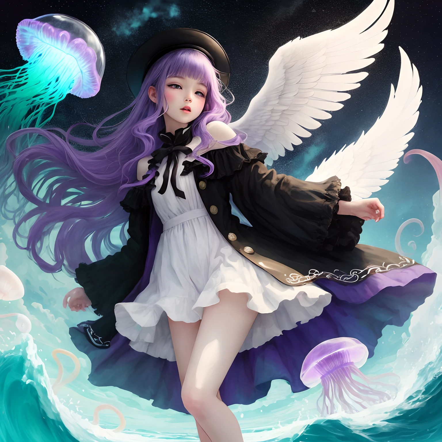 jellyfish purple hair angel white and black floating sea
