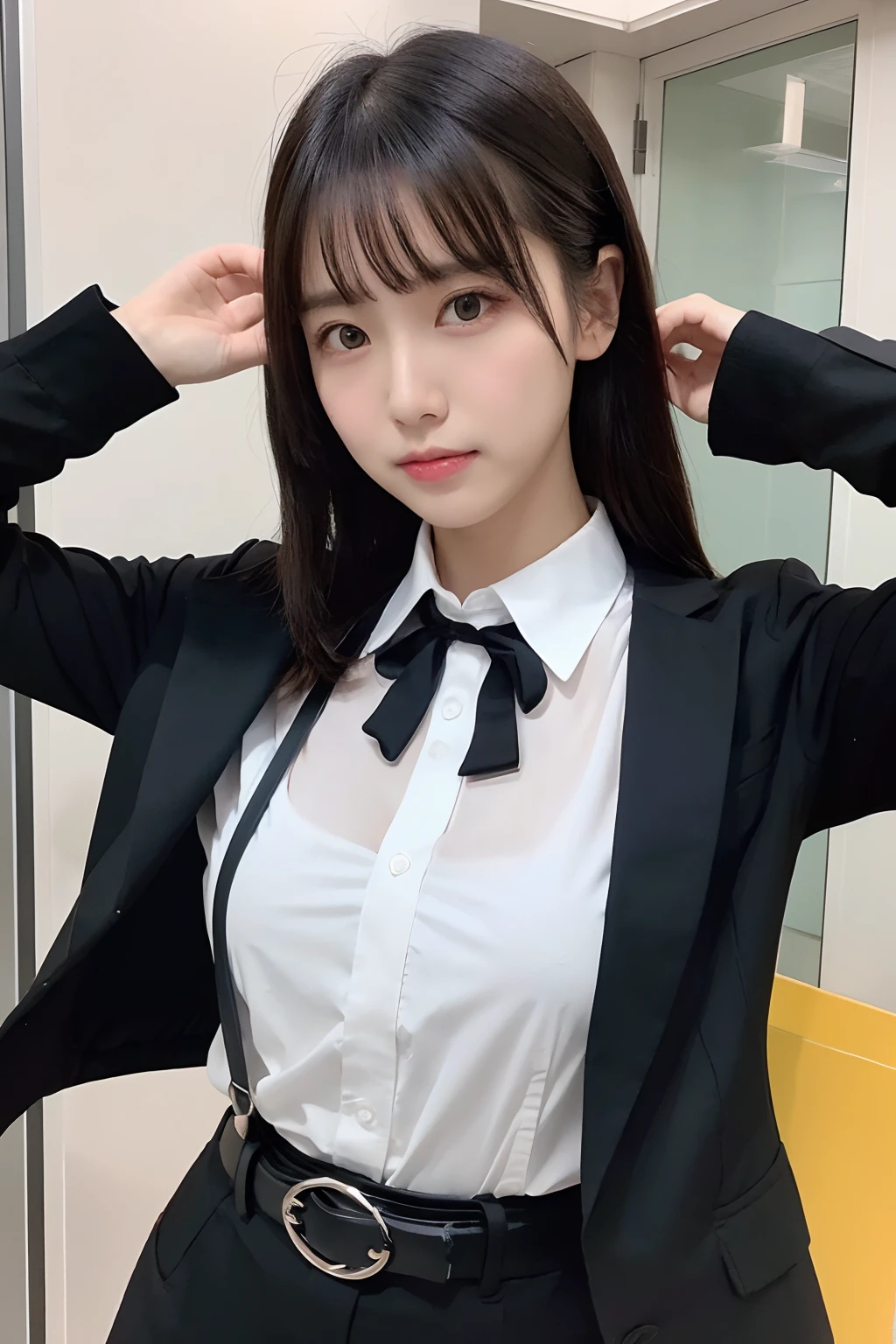 (masutepiece:1.2),High quality,vivd colour,flat-colors,Deep Depth Of Field,Lens Flare,1 girl,Black hair,eyecontact,Suit,Collared shirt,Belt bag,suspenders,Professional,Office Lady,Mature Women,Black Suit,Black jacket,Gaze,ample bosom,Armpit sweat,Exposing the armpits"Pichi Pichi clothes