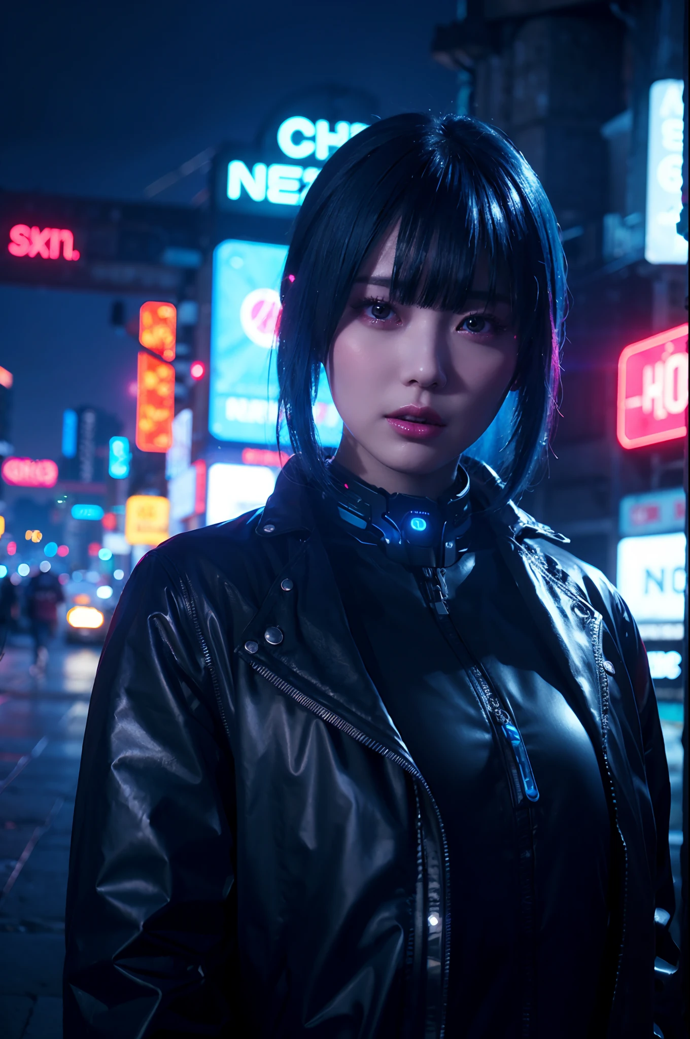 Neon Noir Beautiful Female Semi Robot,Looking at Viewer, . Cyberpunk, Dark, City of Rains, neon signs, High contrast, low illuminance, Vibrant, Highly detailed, Blue hair color, Luminous Eyes