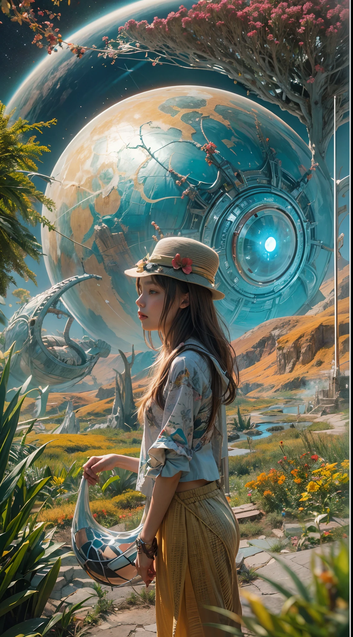 "A young girl with a sense of wonder explores an alien planet with vibrant chrome vegetation. The surreal landscape and flora create a stunning juxtaposition in a space-age paradise.