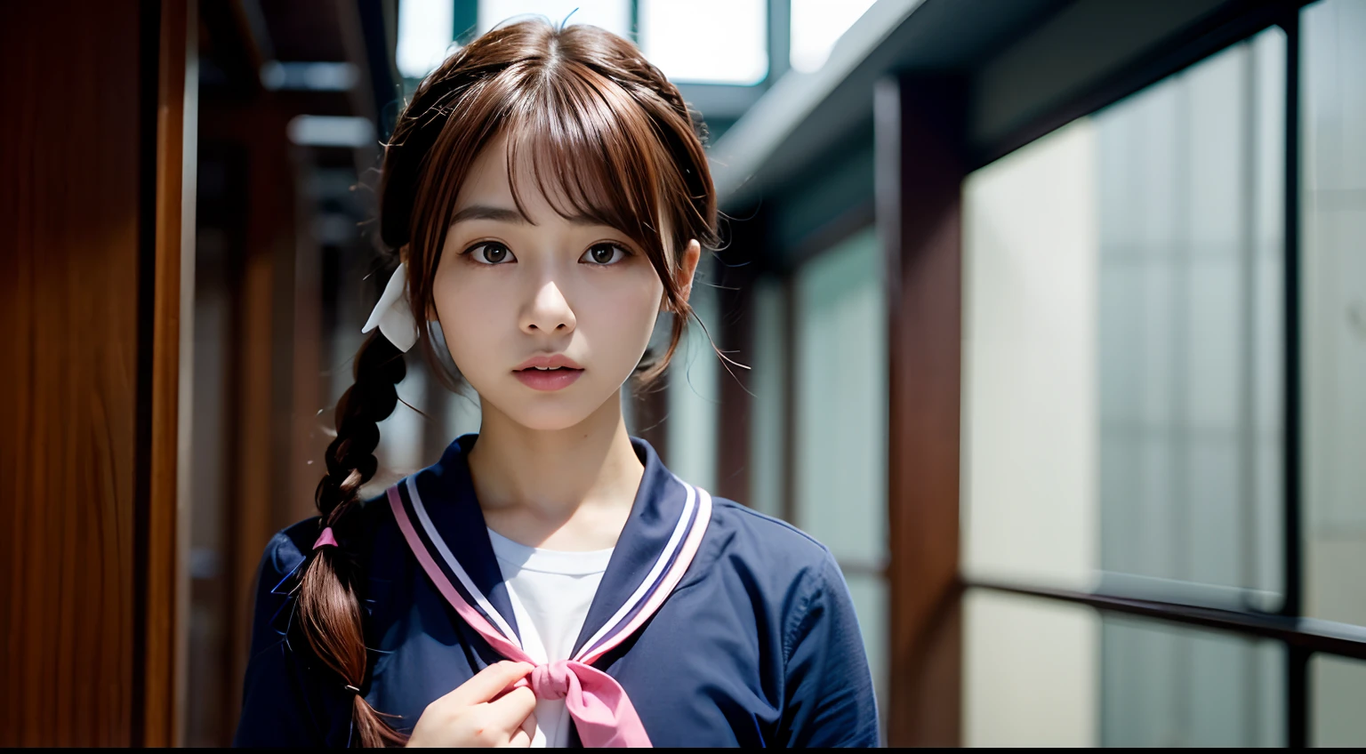 Suzu Ayakaji, light skin, fair-skinned, thick hair, short hair, ((dark auburn hair)), ((a braid with a pink ribbon)), indigo eyes, white long sleeves, school uniform, light blue collar, light blue sailor-style collar, green tie, , upper body, beauty, solo, extremely beautiful face, exquisite face, small breast