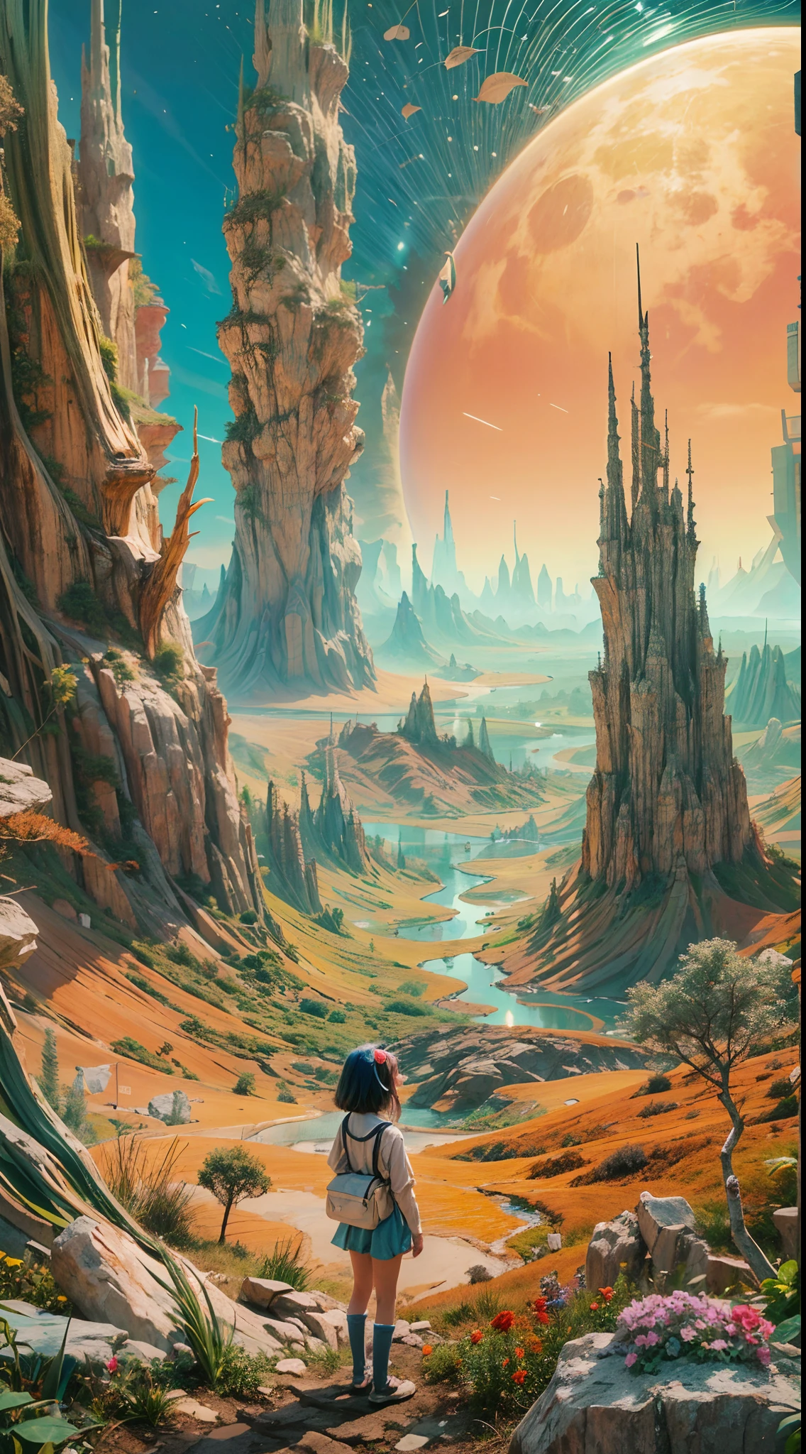 "A young girl with a sense of wonder explores an alien planet with vibrant chrome vegetation. The surreal landscape and flora create a stunning juxtaposition in a space-age paradise.