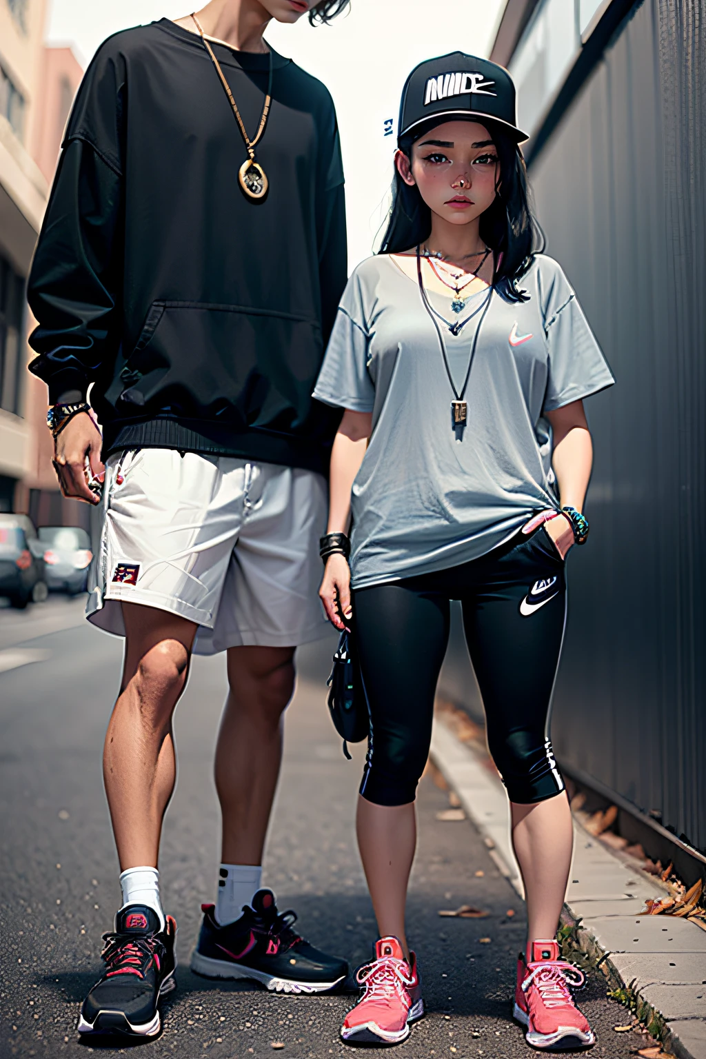 girl and boy, a couple love, 4k, very detail, realistic, necklace, many bracelet, nike shoes, full body, see viewer, 25 years old, scary face, grey theme, fancy