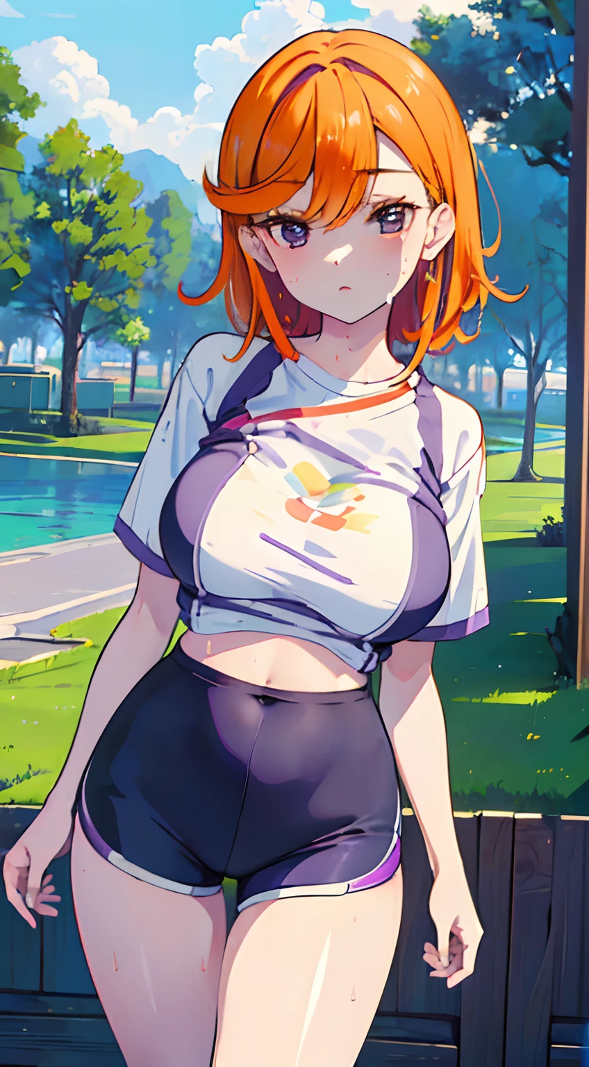 (masterpiece), best quality, expressive eyes, perfect face,(best quality,4k,8k,highres,masterpiece:1.2),
best quality,Orange hair,(purple eyes:1.3) , quality,4k,8k,highres,masterpiece:1.2),ultra-detailed,best,(best quality,4k,8k,highres,masterpiece:1.2), 
(Contrapposto:1.4),Meadow scenery,(Beautiful sky:1.3),(huge breast:1.3),(Casual clothes:1.5),(detail lips:1.3),(girl standing in the middle:1.4),(anime girl with visible navel:1.3),(cute bra:1.3),(Tight sport shorts:1.5),(Sweating:1.4),Spread legs,(Sleep:1.3),(Relaxed atmosphere:1.3),