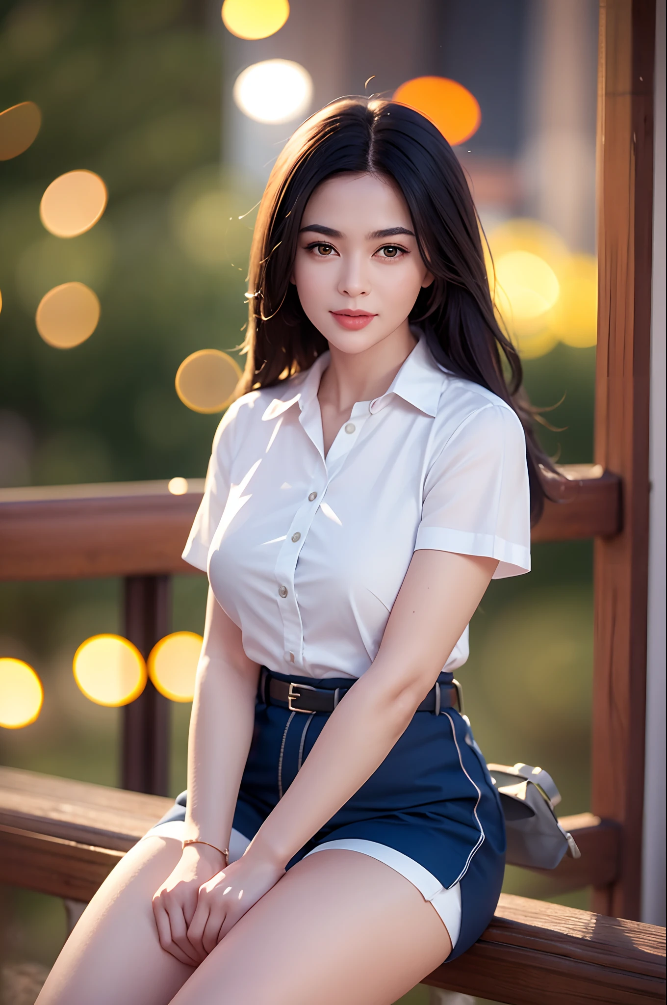 1girl, (looking at viewer),  (bokeh:1.1), closed mouth,light smile, realistic, sitting_on_railing, uniform,
legwear under shorts, skyline,
realistic, llfRosamund Kwan