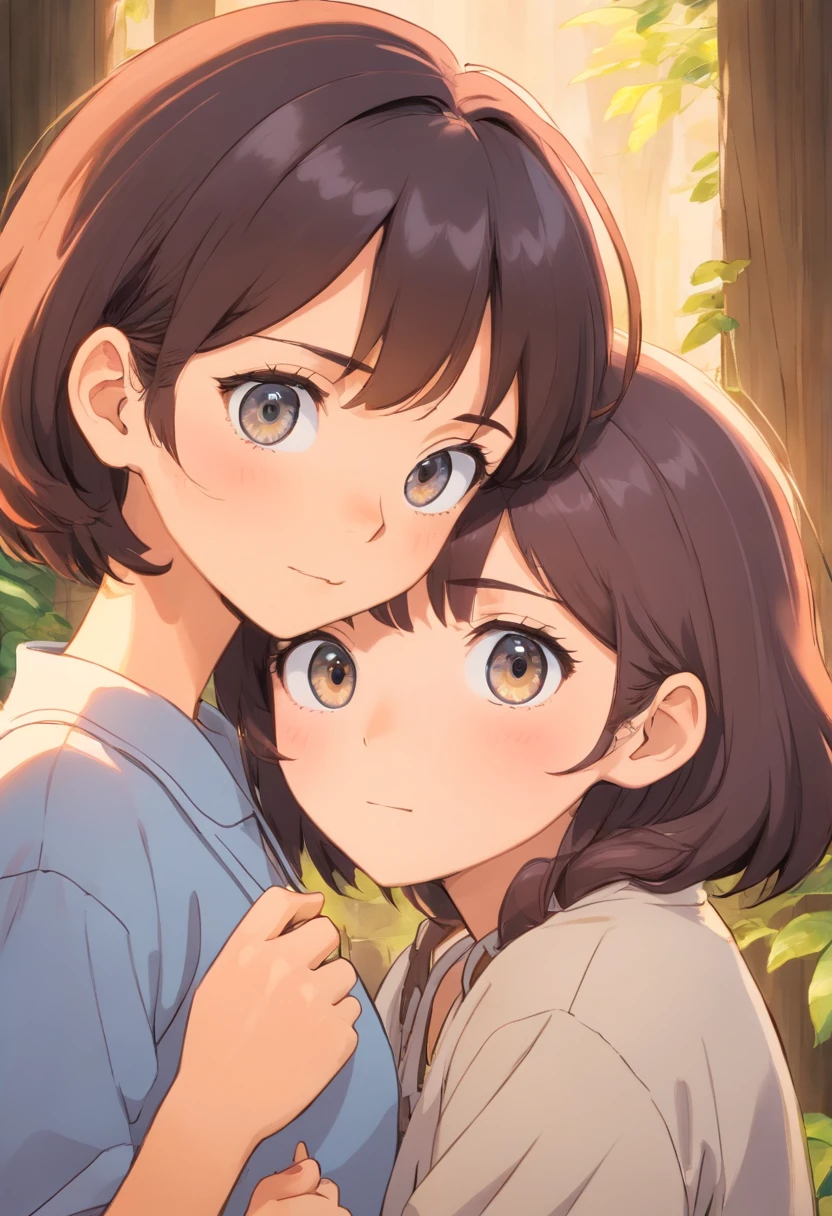 Manga Storyboard: 1.8, Manga Layout, "Dry brush, detail Enhanced, Detailed finger、Detailed hand、A detailed face、32K ,1990s style ), Two cute twin girls with different eye colors、Same clothes、The same face、A dark-haired、Different eye color。embracing each other