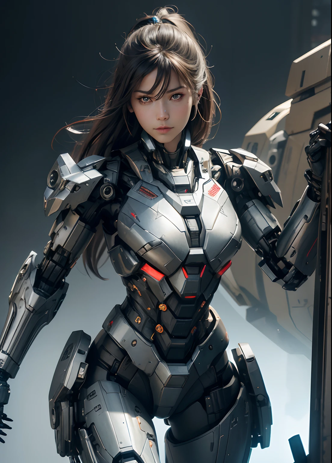 Textured skin, Super Detail, high details, High quality, Best Quality, hight resolution, 1080p, hard disk, Beautiful,(War Machine),beautiful cyborg woman,Mecha Cyborg Girl,Battle Mode,Girl with a Mecha Body,She wears a futuristic war machine mech,Fulll body Shot
