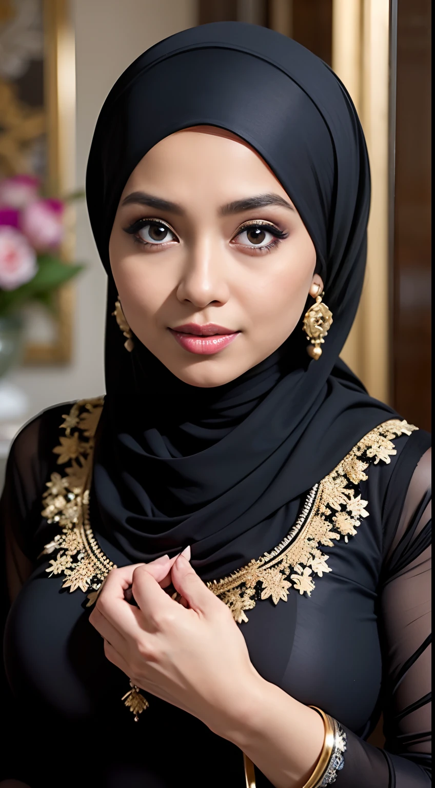 1 malay girl , modern plain hijab, shy, medium portrait shot , watery eyes , lips red glossy, big eyes, (( big breast )) , soft smile, (full body),wearing java wedding woman in black long kebaya dress traditional, glossy lipstick, golden necklace, earrings, ornate,intricate decoration, detail, flowers, blurry background, soft focus, flower garden background, bokeh background, proportional body,