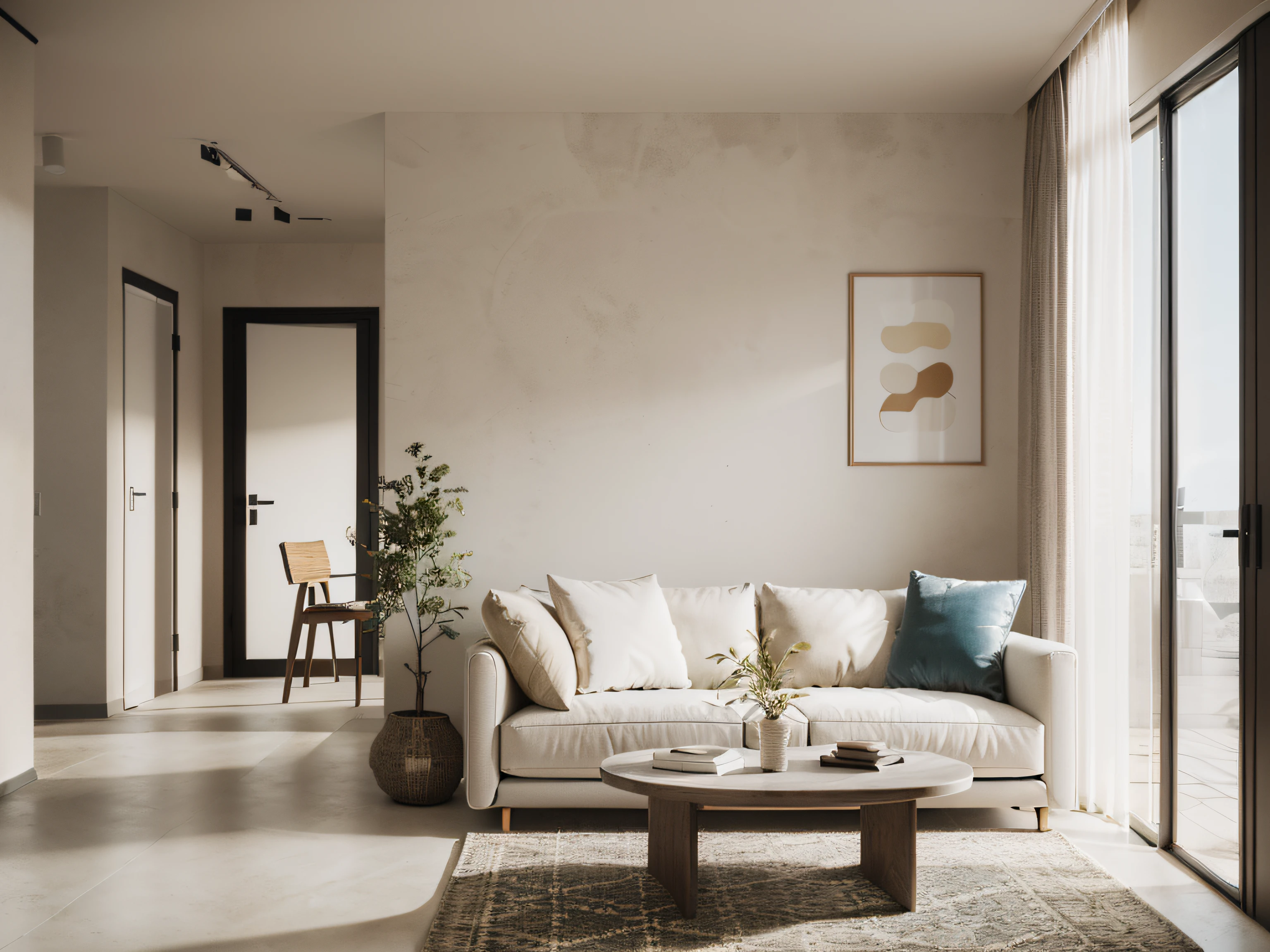 morden Living room design, Super sharp like photos taken with a professional camera, (Masterpiece,best quality,8k uhd,dslr,soft lighting,high quality,hyper detail,film grain,Fujifilm XT3, UE 5 render 8k, super high resolution, supper detail:1.2), color block wall decor, Cream color block wall decor, glossy floor, (((volumetric light)))