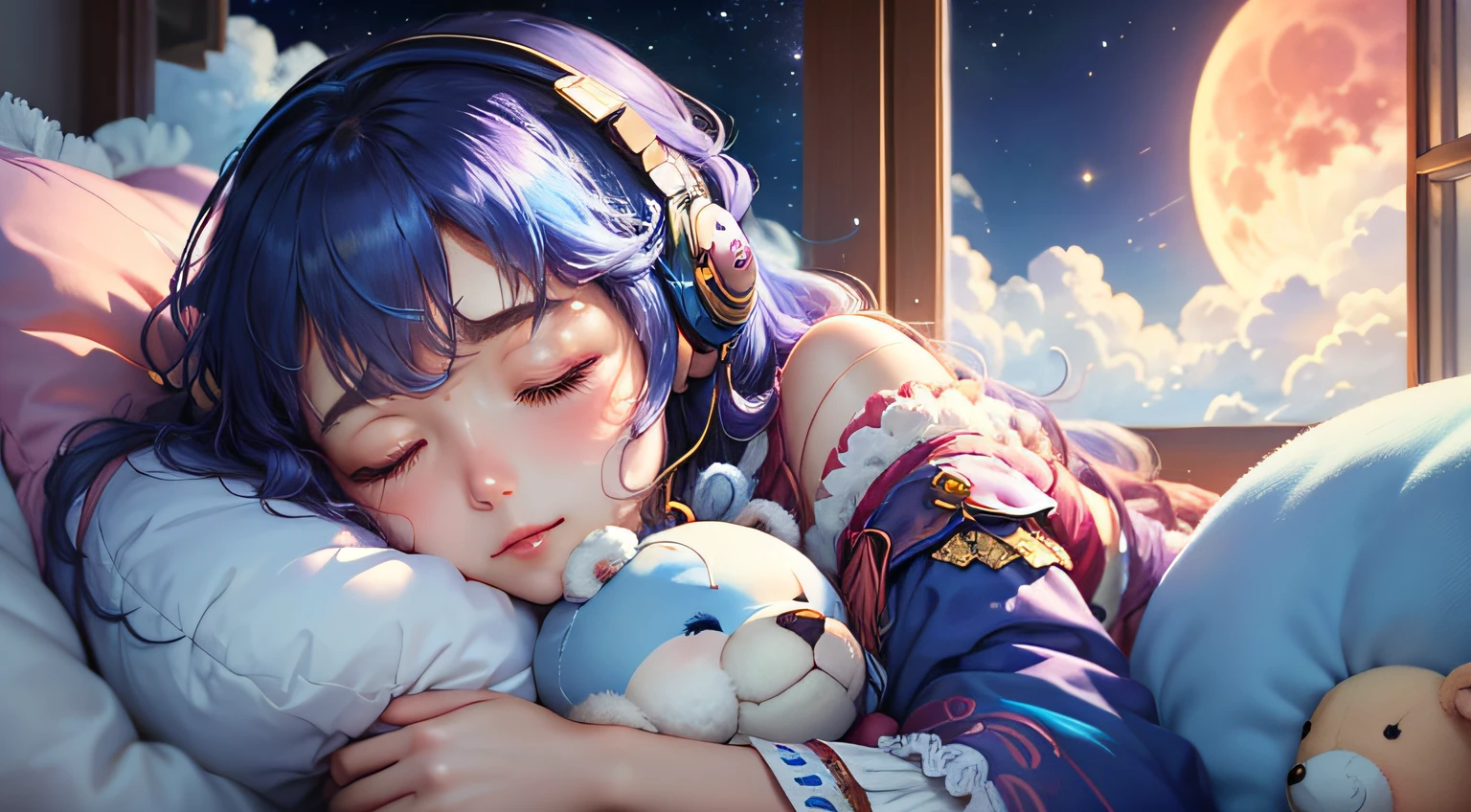 colorful、on clouds、kosmos、Big Moon in window、realistic、The girl is sleeping、She wears delicate headphones that blend into her hair, Only one stuffed animal、closed eyes, hugging pillow、超A high resolution