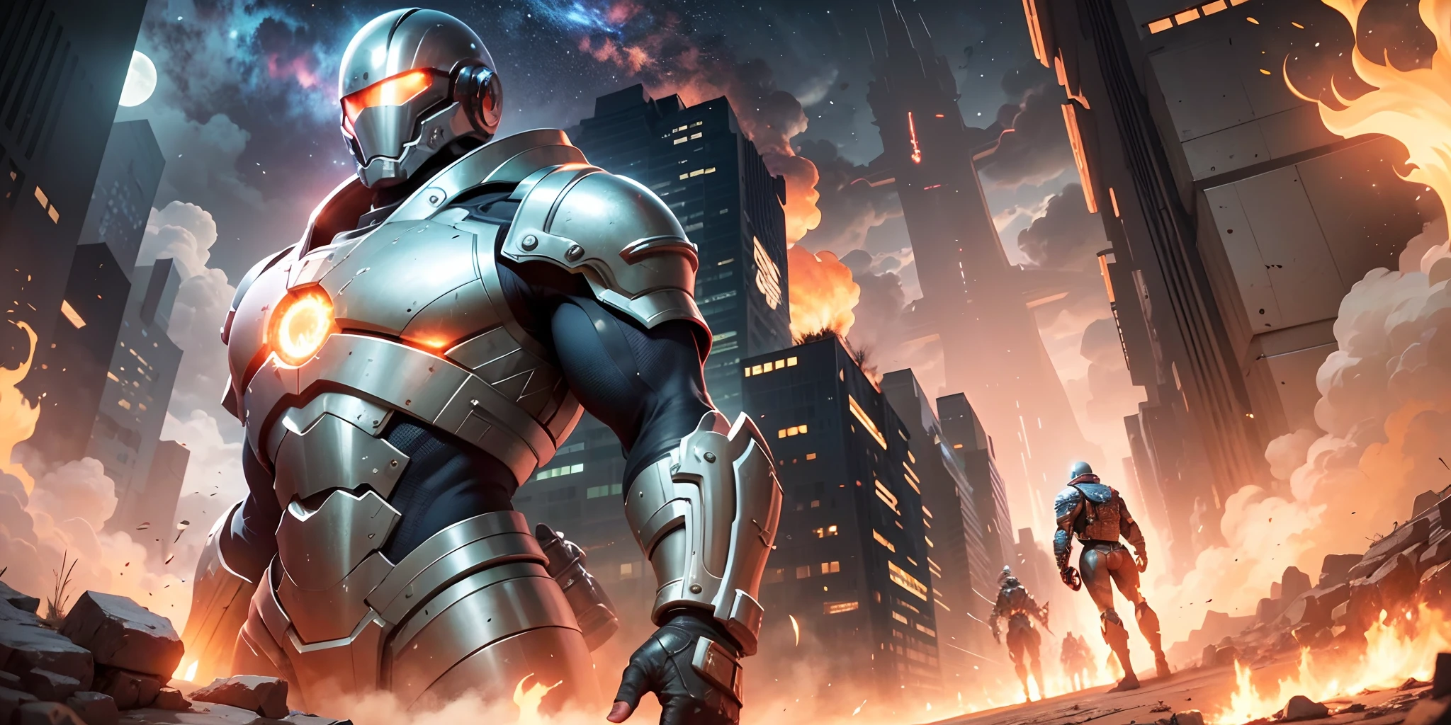 Imagine an epic, futuristic scene in a distant world, where mighty warriors of the Metabaron Caste meet on an intergalactic battlefield. The skies are filled with flaming spaceships, and the ground shakes from the impact of the explosions. At the center of the scene, a haughty and imposing Metabaron in shining armor wields an incredible technological weapon that emanates pulsating energy.  Around the Metabaron, other warriors of the caste surround him, each with their own customized armour and futuristic weapons. Their faces are determined and fearless as they face an intergalactic threat. The night sky is dotted with stars, and the alien landscape glows with strange and beautiful colors.  The scene is a reflection of the grandeur, heroism and relentless fighting spirit that is characteristic of the 'Metabaron Caste' series. The art is dominated by detailed strokes and crisp lines, with a vibrant color palette that brings this sci-fi world to life. A sense of drama and adventure permeates every inch of the image, transporting the viewer into this extraordinary universe. --auto --s2