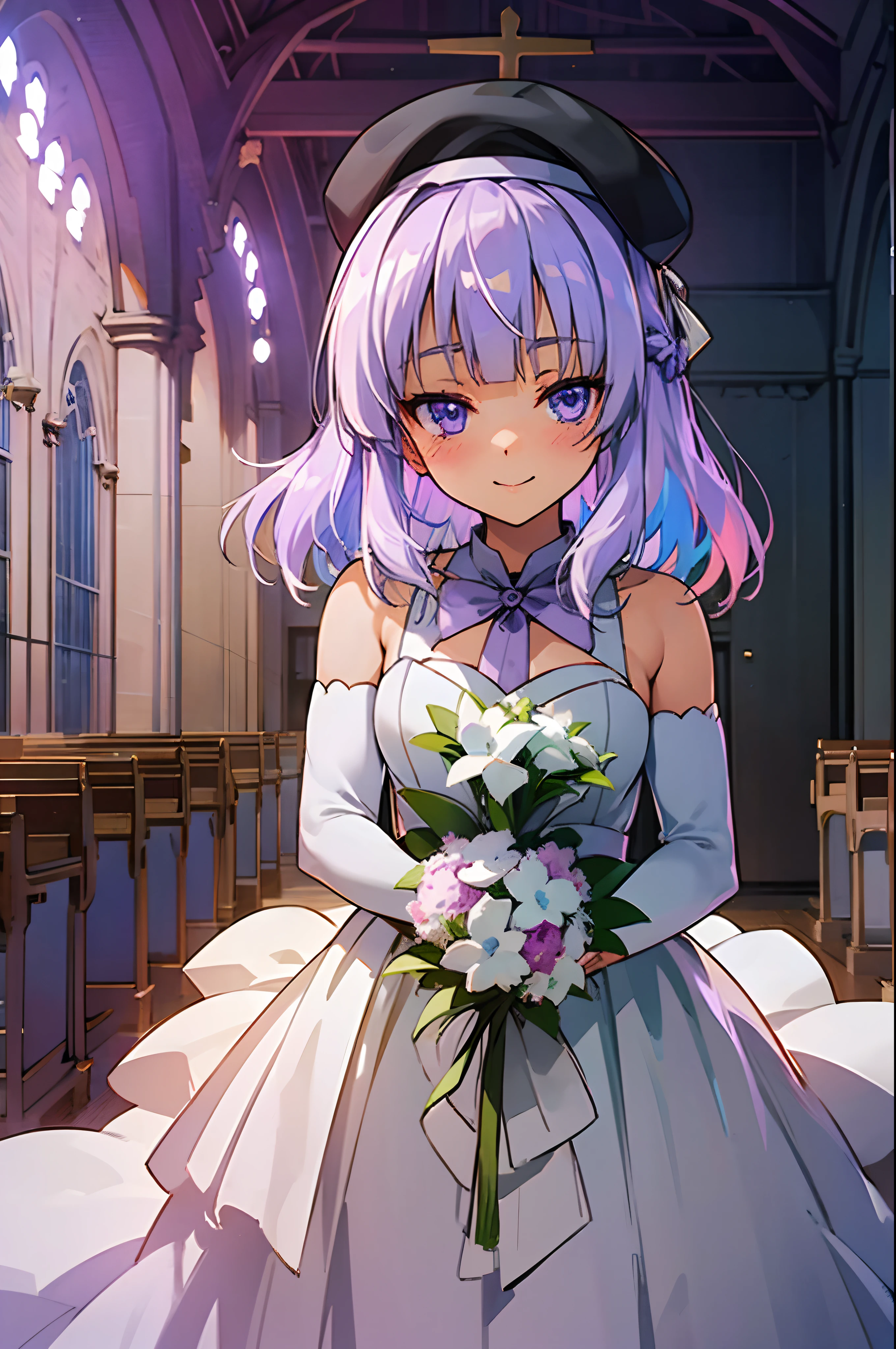 classroom of the elite, cote, arisu sakayanagi, wedding, in a wedding dress, focus on face, extreme close up, wedding dress, white wedding dress, lilac hair, violet eyes, holding bouquet of flowers, anime girl, anime style, in the style of classroom of the elite, light novel, shoulders up, in church, reception, at altar, no hat, looking at us, beautiful eyes, cute girl.