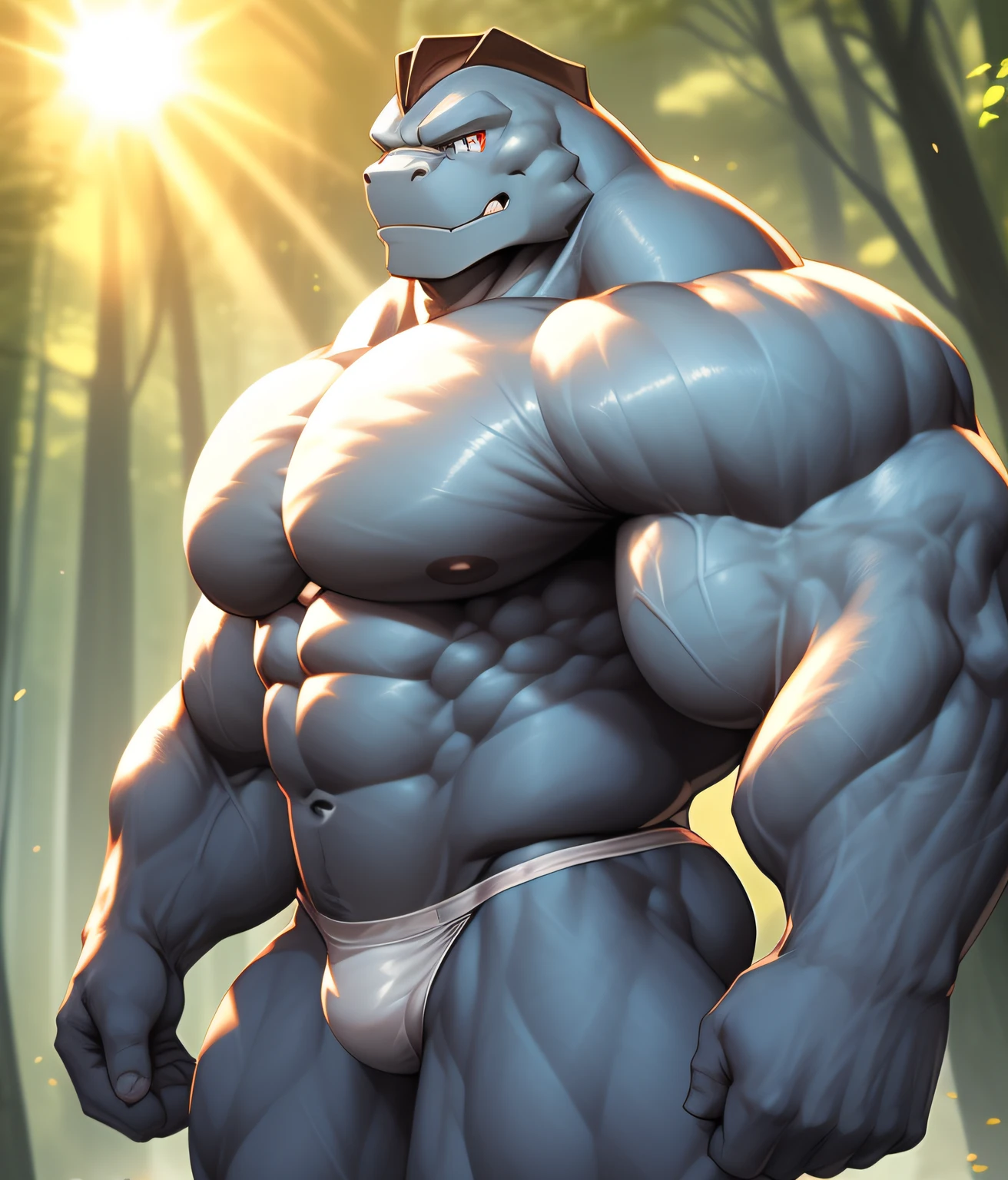 PRO competitive bodybuilder, nj5furry, (Machoke,, massive, huge, muscular, Gigachad), (((((WHITE THONG))))) Machoke, YOUNG FACE, TEEN, ((extremely realistic shadows, masterpiece, extremely detailed, photorealistic)), kemono, pokémon, looking at the viewer, ((FRONT)), friendly loo6k, Machoke, ((detailed face)) nose, red eyes, ((detailed eyes)), skin, fur, hair, mane, height 3 meters high, the optimal height, tight clothing, 190 kg, body full of huge muscles; muscle and bulge pecs, huge pecs, ((massive pectorals)) ((huge pectorals)) ripped abs, V-shaped body, thick waist, long legs, strong arms manly, handsome face, attractive cool calm face type with a mischievous smile, topless. Mountaint forest, day, sun, sun rays, clouds, birds; bulge in the crotch, wears a small white string thong that reveals huge, muscular thighs, (((she wears a very tight little white string thong))), bulging biceps. A muscular bodybuilder in the making. A potential PRO competitive bodybuilder and bulging neck. ((Almost naked))