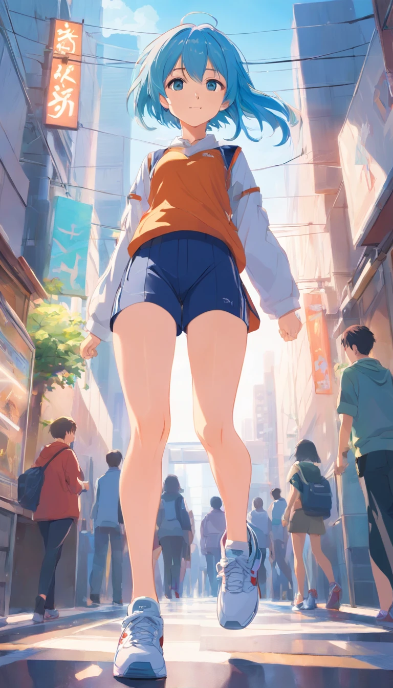 best qualtiy， tmasterpiece， 超高分辨率， realisticlying， 1 girl， Long light blue hair，Heterochromic pupils，Long legs， Student clothing，run，ssmile，white legwear，athletic sneakers，Tano，wide angles