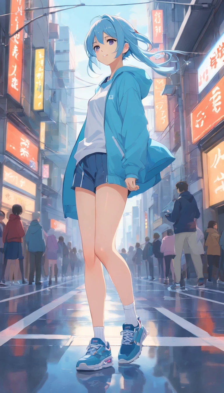 best qualtiy, tmasterpiece, 超高分辨率, realisticlying, 1 girl, Long light blue hair,Heterochromic pupils,Long legs, Student clothing,run,ssmile,white legwear,athletic sneakers,Tano,wide angles