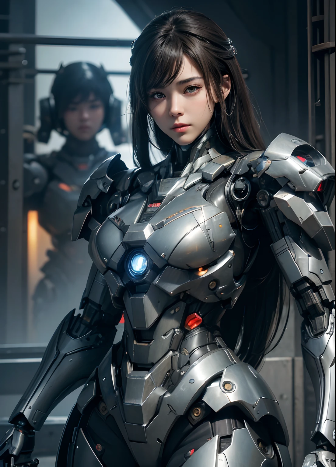 Textured skin, Super Detail, high details, High quality, Best Quality, hight resolution, 1080p, hard disk, Beautiful,(cyborgs),beautiful cyborg woman,Mecha Cyborg Girl,Battle Mode,Girl with a Mecha Body,Able to launch missiles from the chest,You can shoot a machine gun from both hands