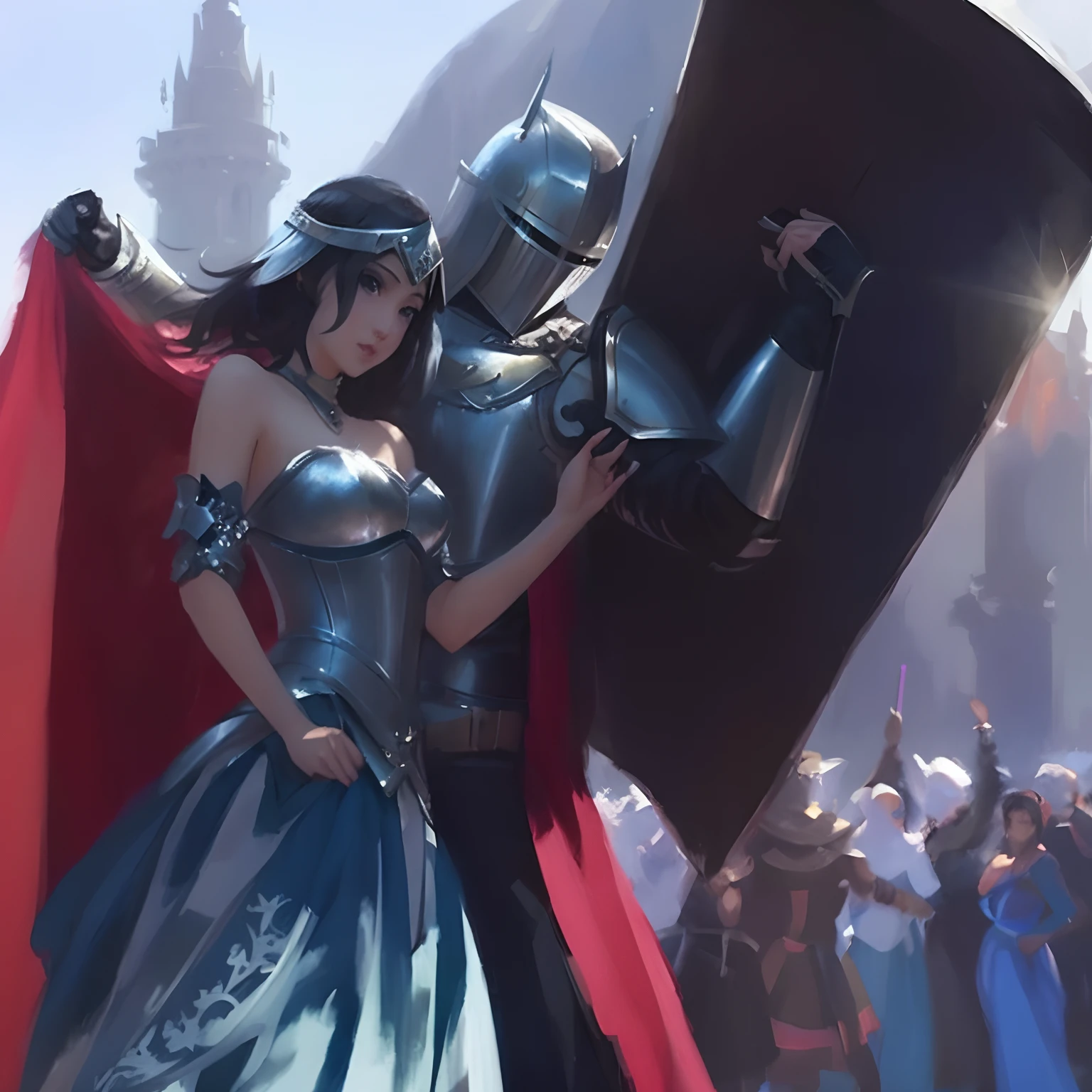 A close-up of a woman in a dress and a knight, Knights and princesses, Artgerm and Atey Ghailan, Angel Park, knight in armor dance popping, but the armor covers her face, by Cynthia Sheppard, of a beautiful female knight, artgerm and craig mullins, MTG Art, Medieval fantasy art, Artgerm et WLOP