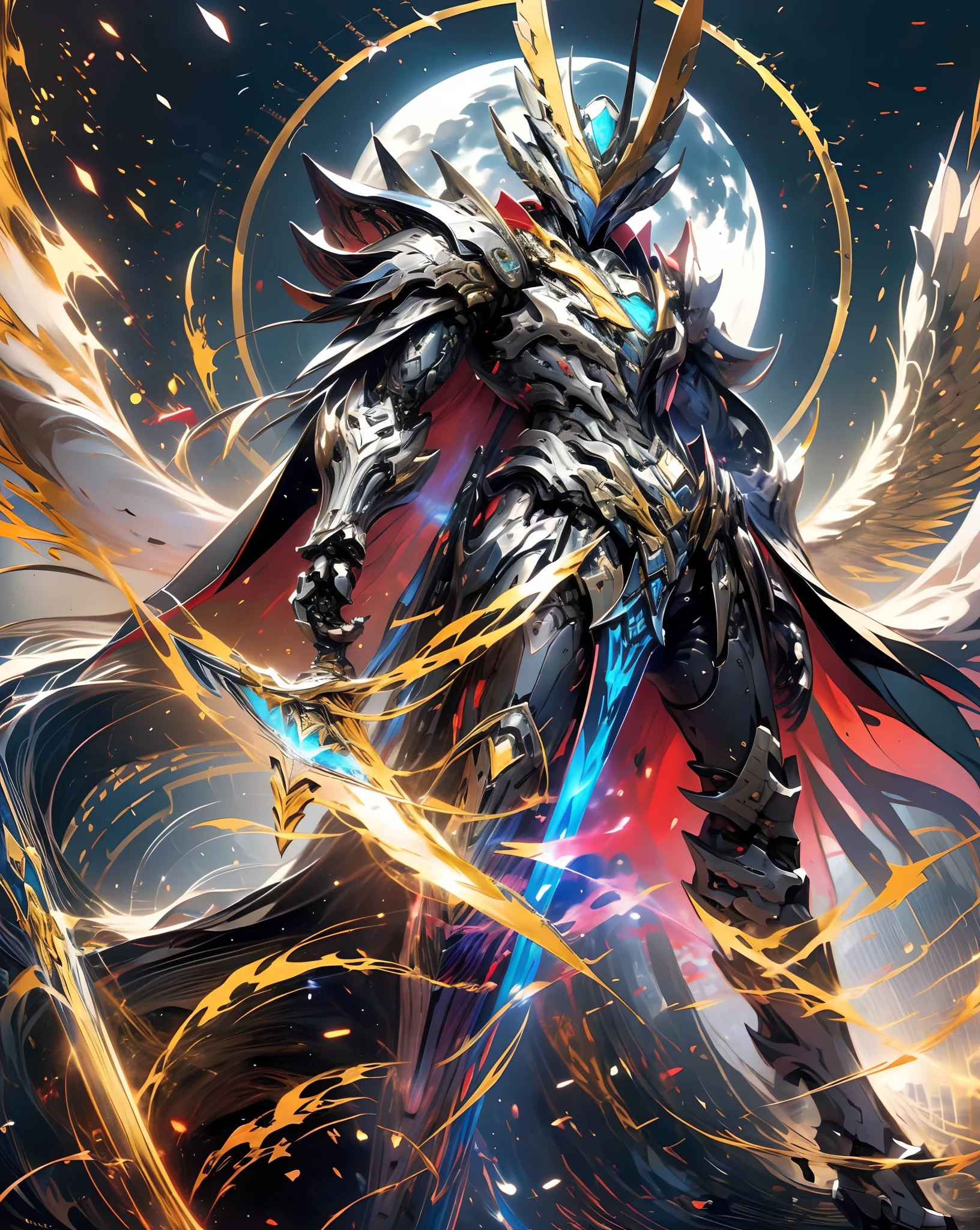 Anime characters wearing a red cloak and sword before the full moon, Badass anime 8 K, high quality warframe fanart, exquisite warframe fanart, Anime epic artwork, Anime art wallpaper 4 K, Anime art wallpaper 4k, anime mecha aesthetic, Onmyoji detailed art, detailed warframe fanart, High quality digital concept art, Dragon Knight, Red armor, (solo)