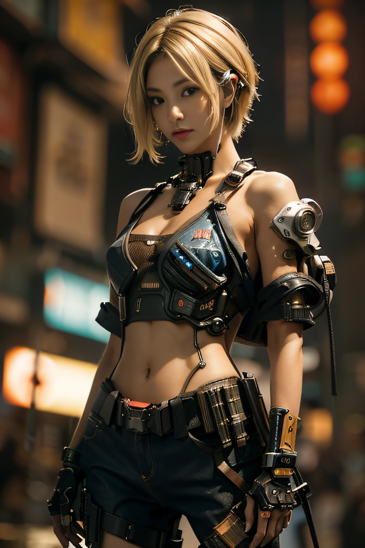 (masterpiece:1.2), ultra detailed, ultra high res, (realistic, photo realistic:1.37), high detail RAW color photo, professional photograph, an extremely delicate and beautiful, extremely detailed, finely detail, huge file size, extremely detailed beautiful girl, extremely detailed face, extremely detailed eyes, extremely detailed skin, extremely detailed nose, extremely detailed mouth, perfect anatomy, highly detailed background, shiny skin, (Japanese famous actress:1.3), (gyaru:1.25), flat chest, (brown race, dark skin, blond hair), (very short hair), cinematic lighting, (any Pose:1.6), cowboy shot, denim pants, (cyberpunk city:1.45), looking away, urban techwear, outfit,