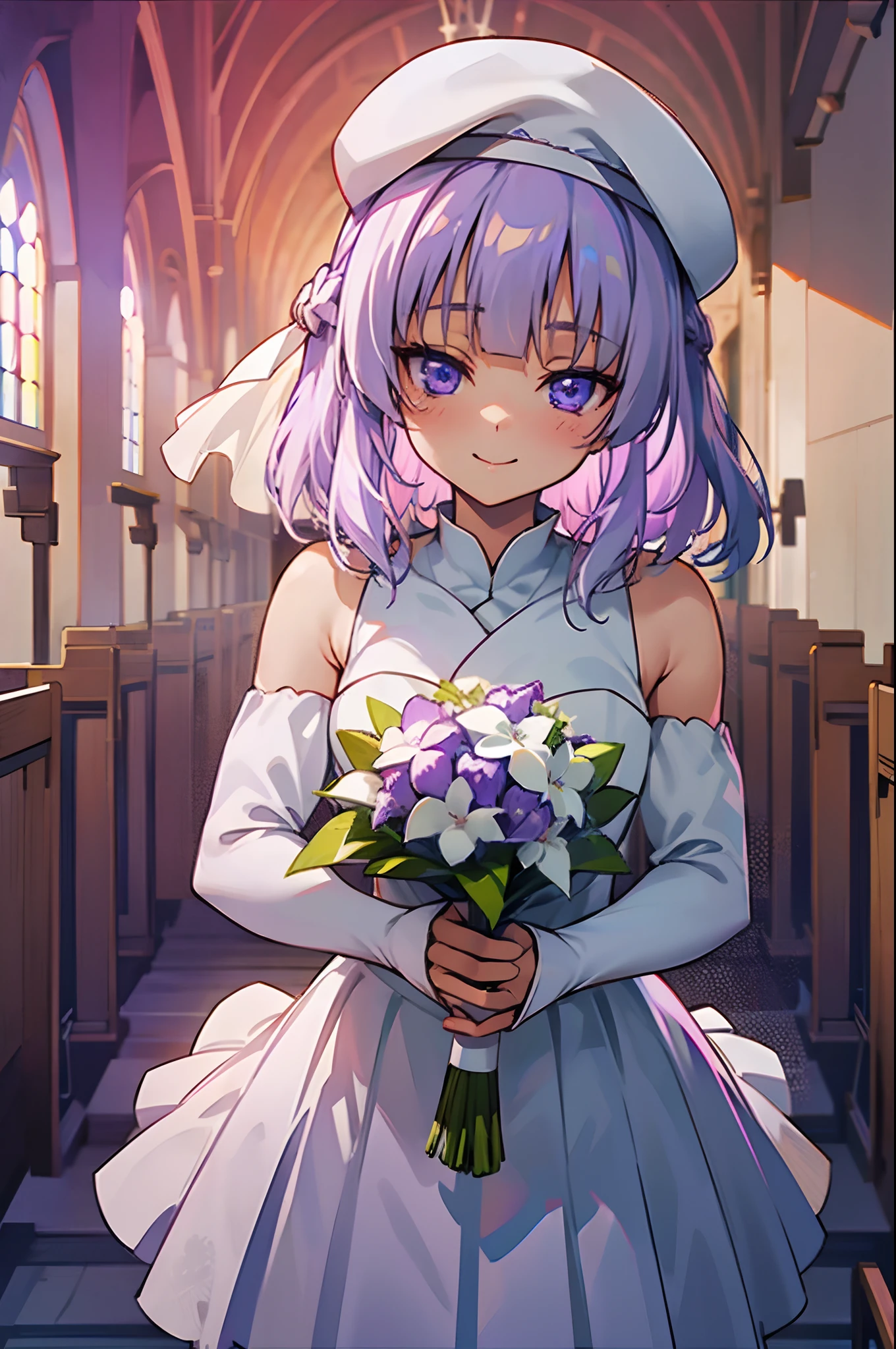 classroom of the elite, cote, arisu sakayanagi, wedding, in a wedding dress, focus on face, extreme close up, wedding dress, white wedding dress, lilac hair, violet eyes, holding bouquet of flowers, anime girl, anime style, in the style of classroom of the elite, light novel, shoulders up, in church, reception, at altar, no hat, looking at us, beautiful eyes, cute girl.