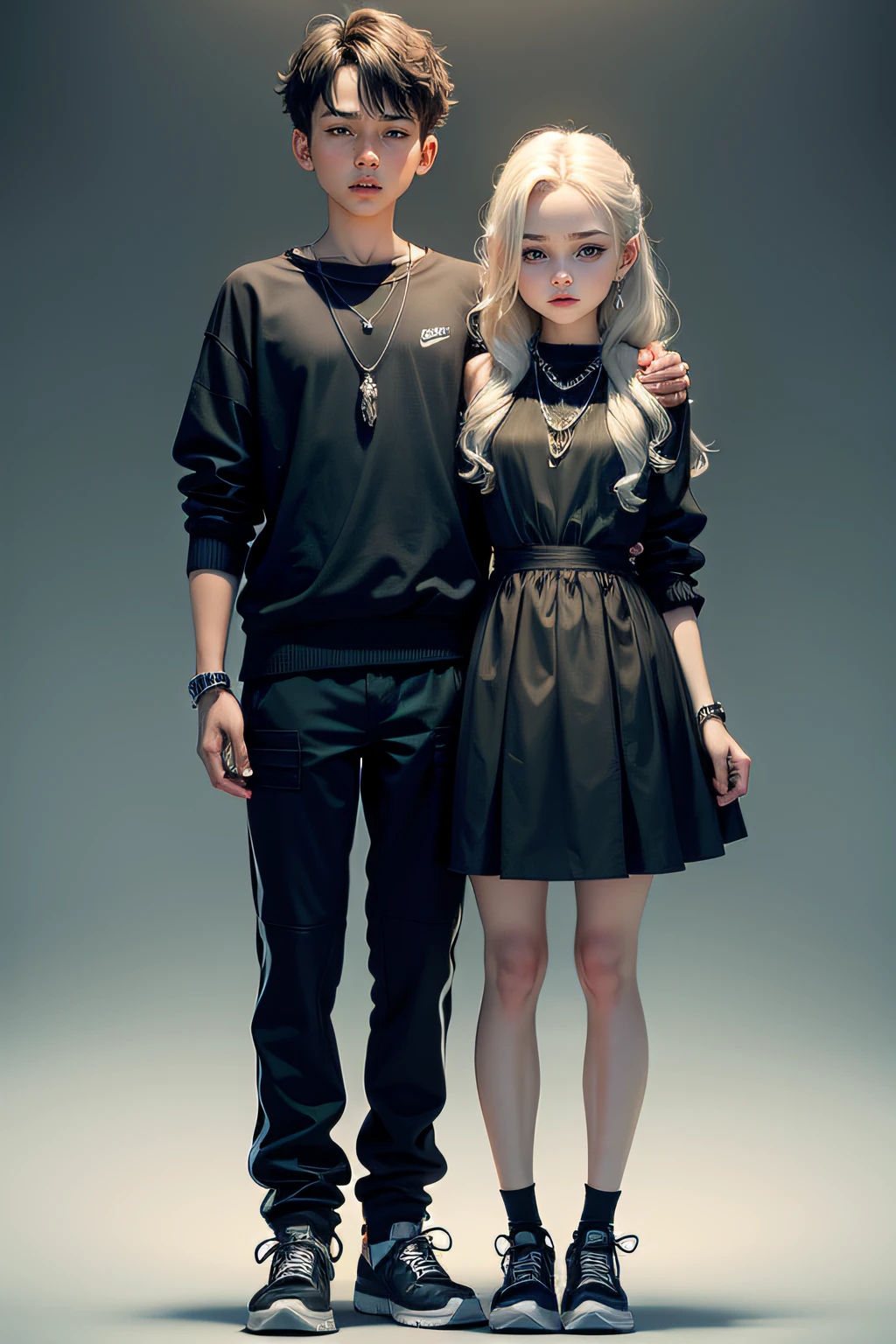 girl and boy, sweet couple, 4k, very detail, realistic, necklace, many bracelet, nike shoes, full body pose, same age, scary face, grey theme, fancy