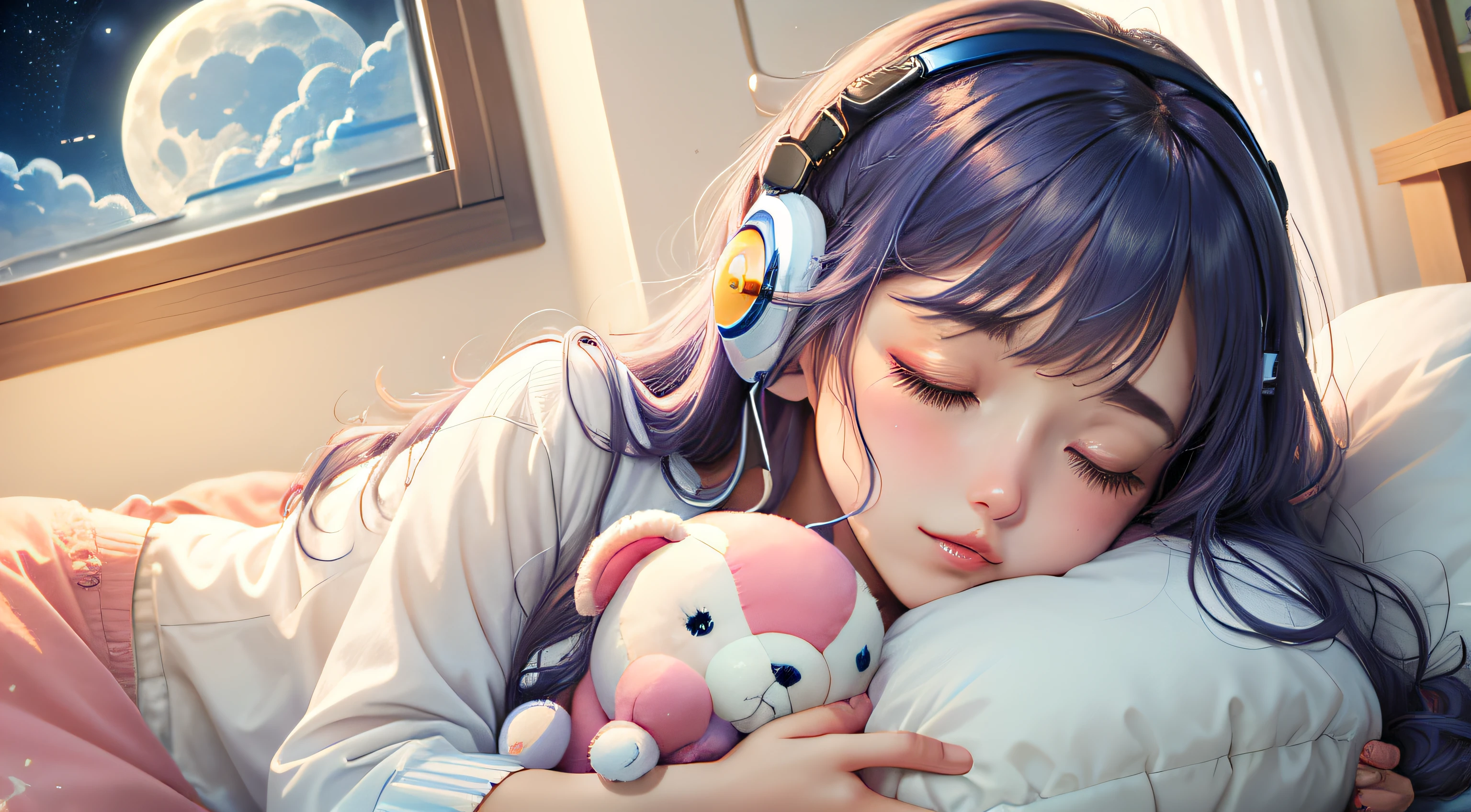 colorful、on clouds、kosmos、Big Moon in window、realistic、The girl is sleeping、She wears delicate headphones that blend into her hair, Only one stuffed animal、closed eyes, hugging pillow、超A high resolution