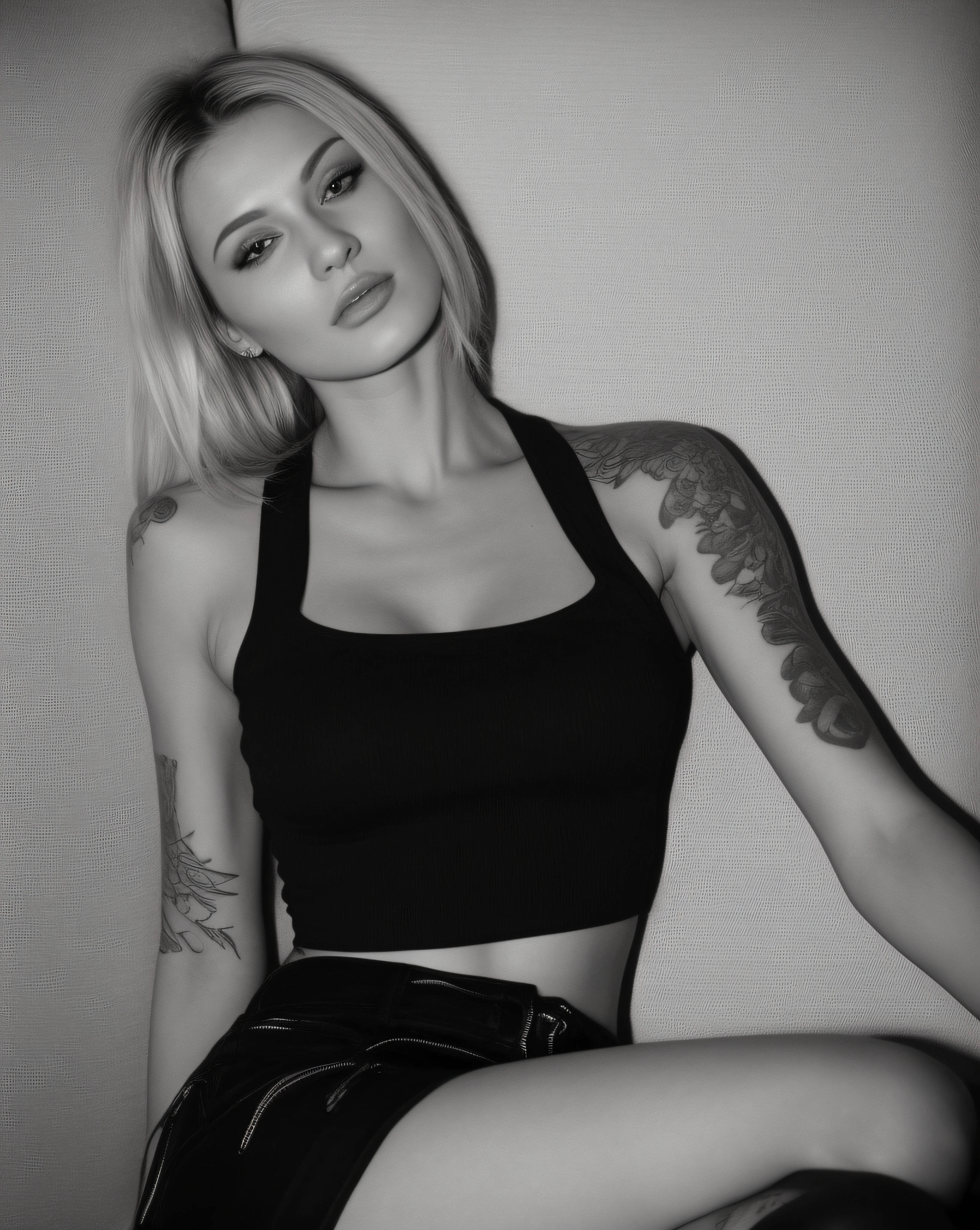 arafed woman with tattoos sitting on a chair in a black and white photo, olga buzova, aleksandra waliszewska, with tattoos, yelena belova, she is wearing a black tank top, angelina stroganova, inked, anna nikonova aka newmilky, 2 4 year old female model, tight black tanktop