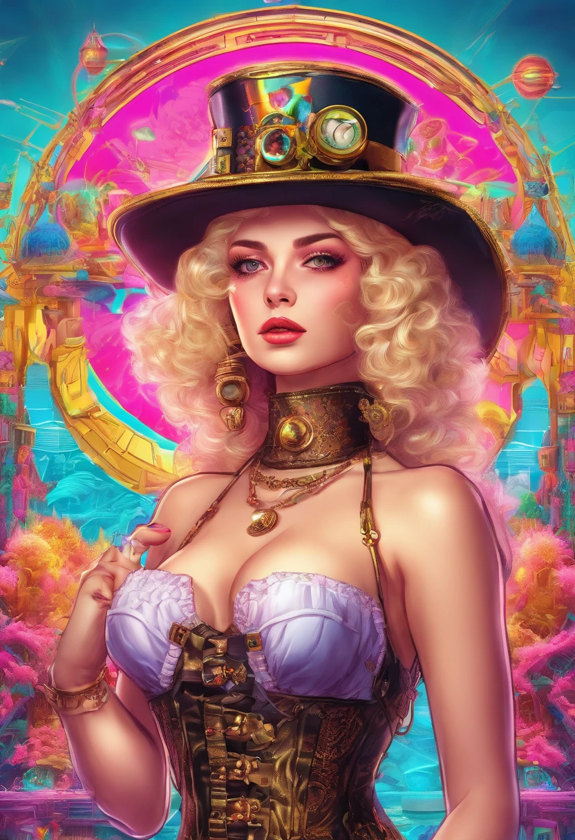 Beautiful blonde woman with a dress and hat from the Victorian era, low-cut and very chesty, the scene is a steampunk landscape, steampunk ornaments and ornaments, steampunk decorations on the dress, symmetry and 4k image quality