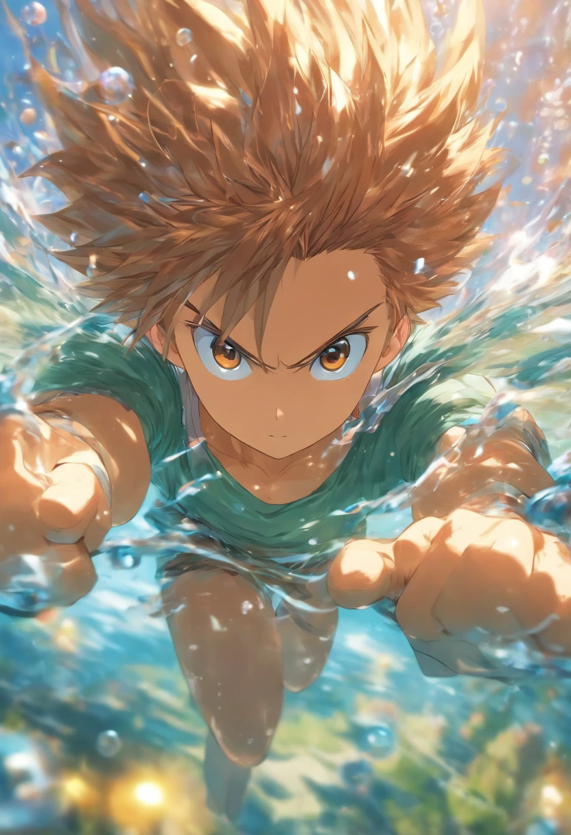 foreshortening, depth of fields, masutepiece, Best Quality, 1male people、Colored hair, Brown eyes, short-hair, under the water, Air bubble, Solo, Looking at Viewer, Dappled sunlight,