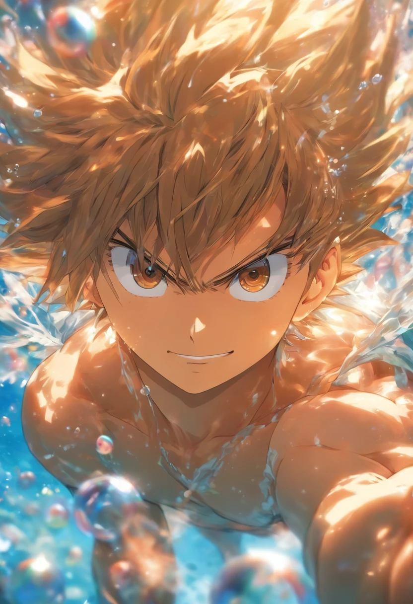 foreshortening, depth of fields, masutepiece, Best Quality, 1male people、Colored hair, Brown eyes, short-hair, under the water, Air bubble, Solo, Looking at Viewer, Dappled sunlight,