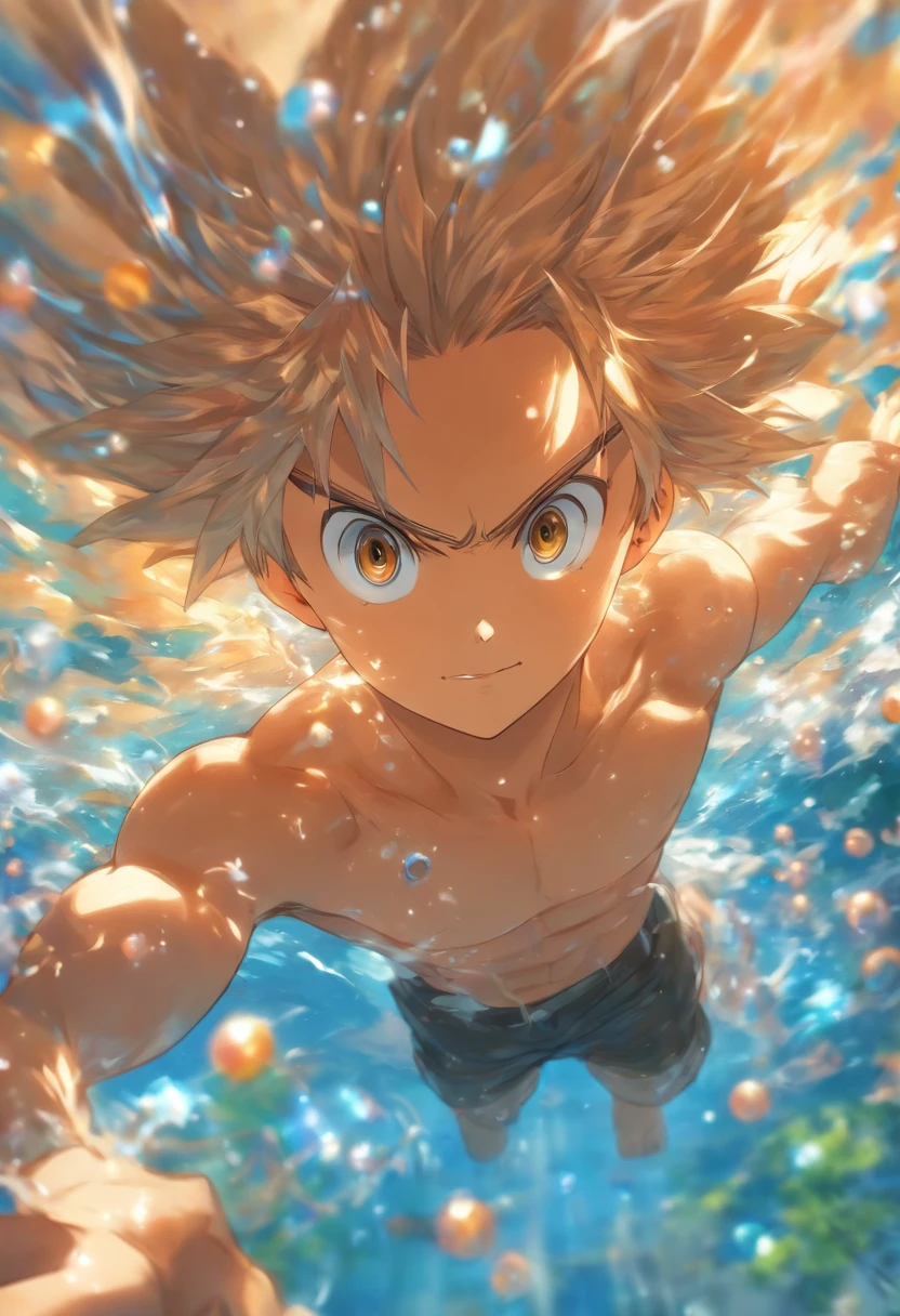 raccourcissement, profondeur de champ, Masterpiece, Best quality, 1boy, cheveux bruns, yeux bruns, sous-marin, Air bubble, seulement, Regarder le spectateur, Maillot de bain scolaire, natation, dappled sunlight,