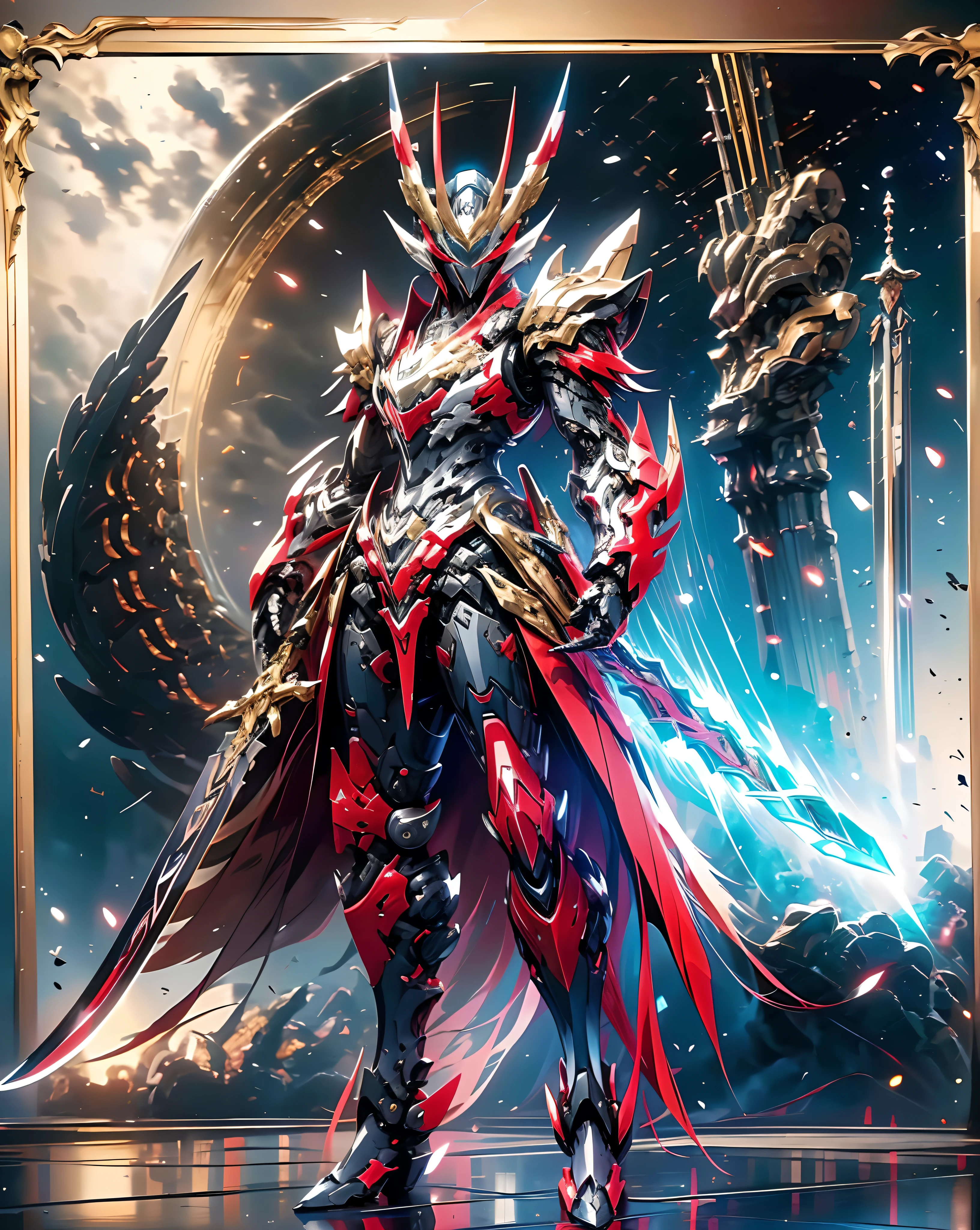 Anime characters wearing a red cloak and sword before the full moon, Badass anime 8 K, high quality warframe fanart, exquisite warframe fanart, Anime epic artwork, Anime art wallpaper 4 K, Anime art wallpaper 4k, anime mecha aesthetic, Onmyoji detailed art, detailed warframe fanart, High quality digital concept art, Dragon Knight, Red armor, (solo)
