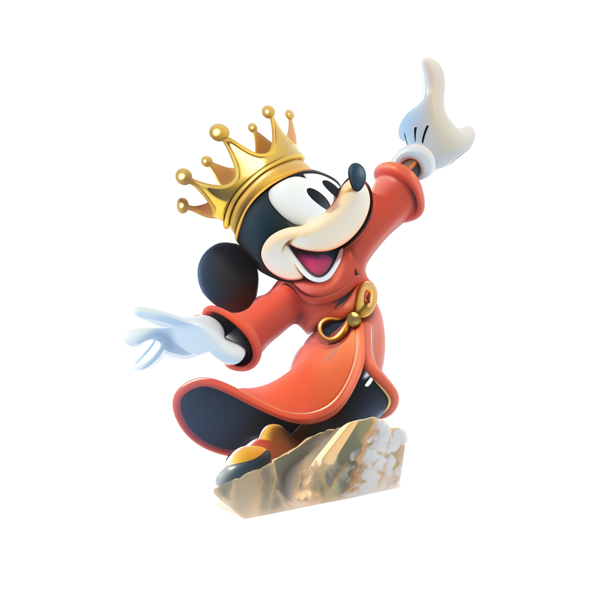 Disney  style, Mickey，Crown on head，Cartoon Cute, tchibi, offcial art, Super, Popmart style, Masterpiece, best qualtiy, 3D model, Photorealsitic, rich details​, HD render mixer, claymaterial, White background