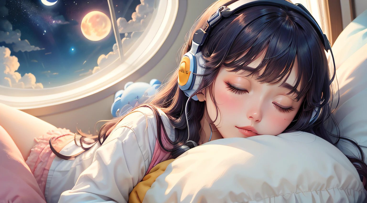 colorful、on clouds、kosmos、Big Moon in window、realistic、The girl is sleeping、She wears delicate headphones that blend into her hair, Only one stuffed animal、closed eyes, hugging pillow、超A high resolution