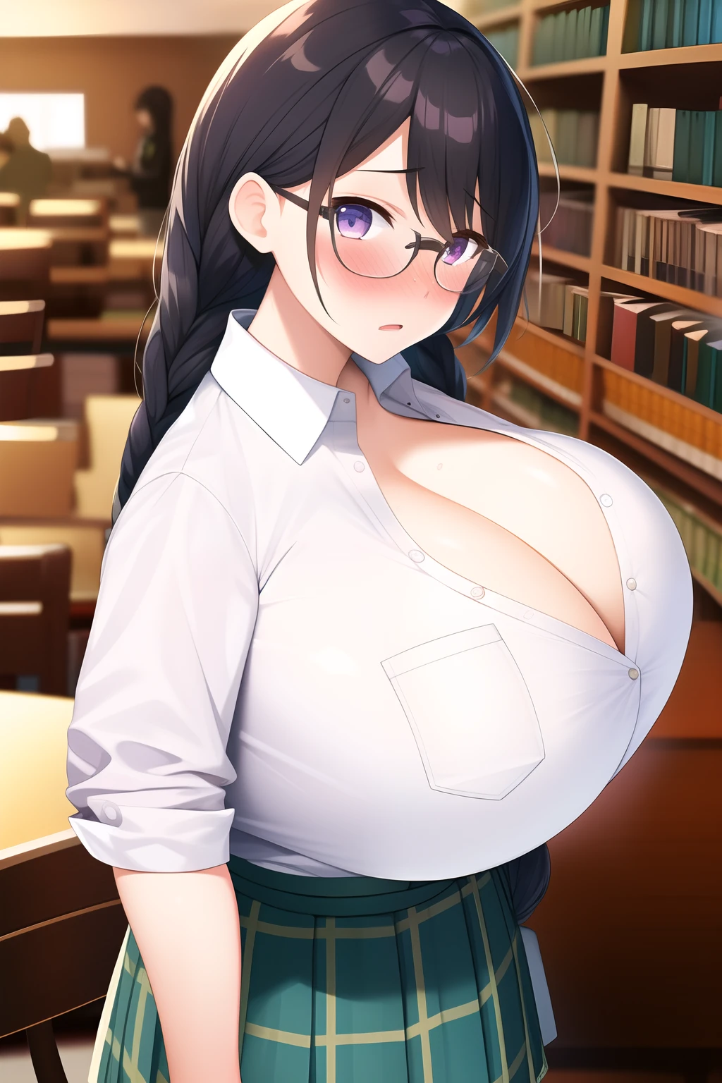 masterpiece, 1girl, pov, flustered, (huge breast), Library, from side, Intricate Iris Details, black hair, Braid, glasses, School uniform, white Shirt, pleated skirt, chest pocket, looking at viewer