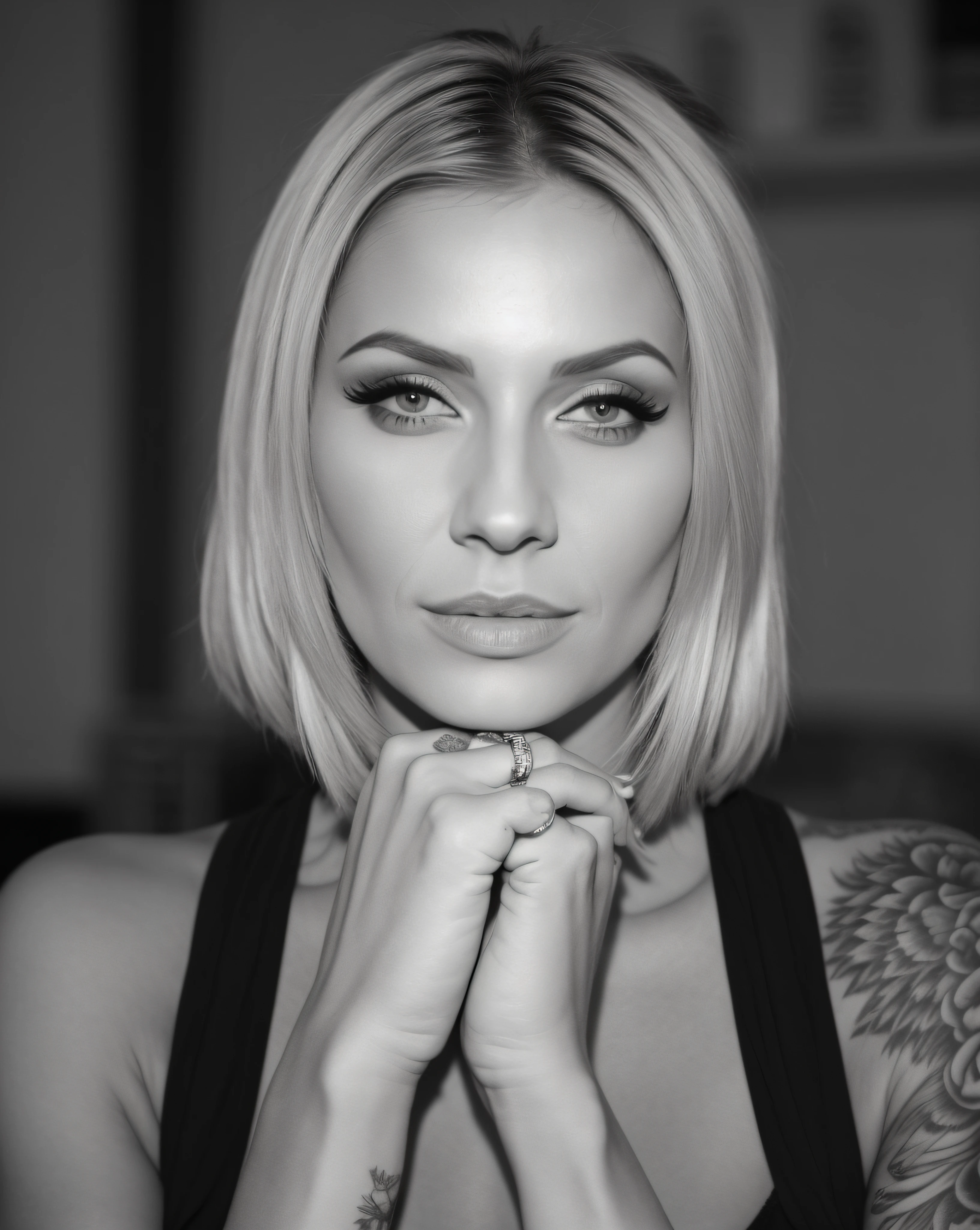 lady with tattoos on her arms and chest posing for a black and white photo, olga buzova, b&w photo, black and white portrait, by Sebastian Vrancx, yelena belova, aleksandra waliszewska, by Matteo Pérez, black and white picture, in black and white, close up portrait photo