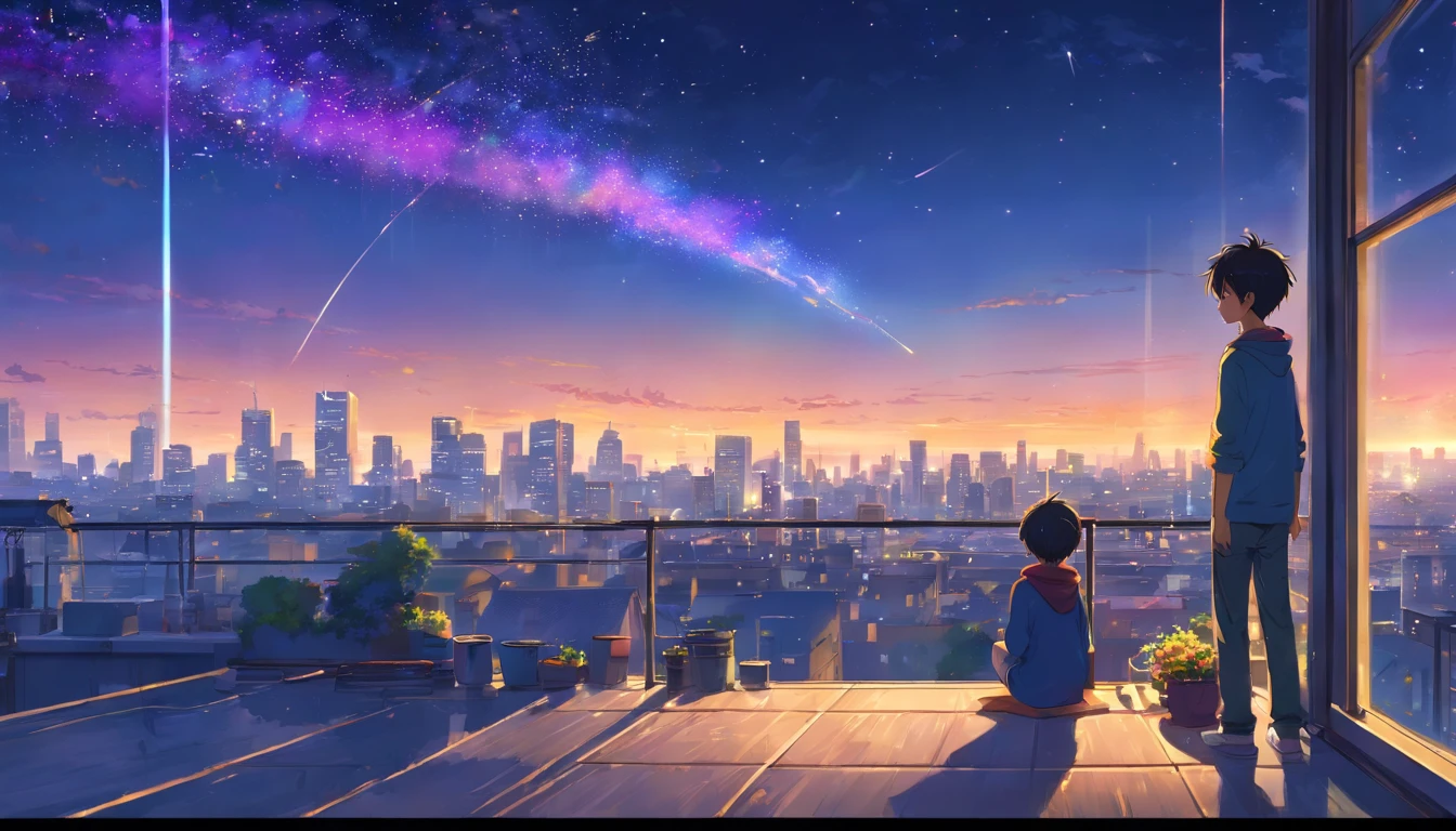 (Best Quality, hight resolution, Realistic:1.37), nffsw, (Concept art), Boy meditating on the rooftop、Starry skies and mysterious lights surround him, Overlooking the cityscape. [mystic atmosphere], [peaceful], [serenidade], [Calmness], [Tranquility]. The boy's closed eyes create a feeling of deep meditation, The starry sky above adds a touch of magic to the scene. The rooftop is decorated with [Soft cushion] For comfort, And around the boy flickers [Ethereal light] Otherworldly glow. Light creates a captivating aura, Reminiscent of a night sky full of shooting stars and celestial wonders. The city below is bustling with [Vibrant energy], [vivd colour], And [Busy streets]. Skyscrapers々Illuminated with stuff [Colorful lights], cast a warm light on the street. In the distance, Silhouette of [Skyscrapers] can see, Create a city skyline with a twilight sky in the background. The atmosphere is [Mysterious] And [Magical], Arouse curiosity and wonder. The presence of the boy on the roof、Symbolizes his desire for comfort and a chance to escape the chaos of the city. Configure the scene, Focusing on boys, Emphasize the importance of inner peace and reflection. Every detail is made with the utmost care, Boy's [Calm expression] In a complex pattern of heavenly light. The artwork is、 [Dreams] And [Surreal] The setting, Invite viewers to ponder the boundaries between reality and imagination. As the viewer gazes at the painting, They are transported to a world of tranquility and tranquility, Where meditation and magic intertwine.