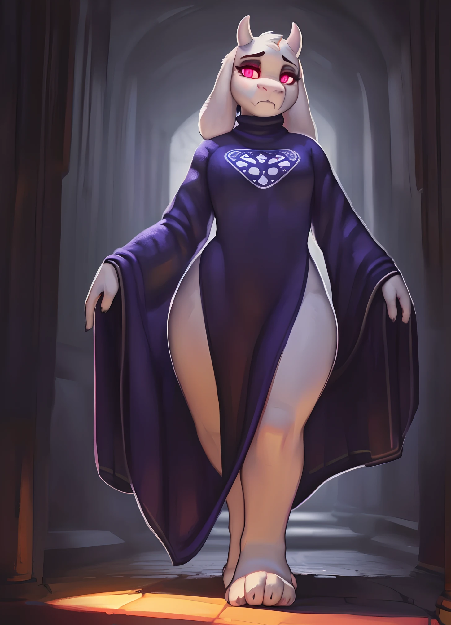 [toriel], [Undertale], [Uploaded to e621.net; (Pixelsketcher), (wamudraws), (woolrool)], ((masterpiece)), ((HD)), ((high quality)), ((solo portrait)), ((front view)), ((feet visible)), ((furry; anthro)), ((detailed fur)), ((detailed shading)), ((beautiful render art)), ((intricate details)), {anthro goat; white fur, white nose, (cute maroon glowing eyes), (short eyelashes), (short goat horn), short fluffy tail, (gorgeous hips), (beautiful feet), (expressionless), (frown)}, {(long indigo dress), (long sleeves), (white rune on chest)}, {(walking), (arms at side), (looking at viewer)}, [background; (stone hallway), (flames), (ambient lighting)]