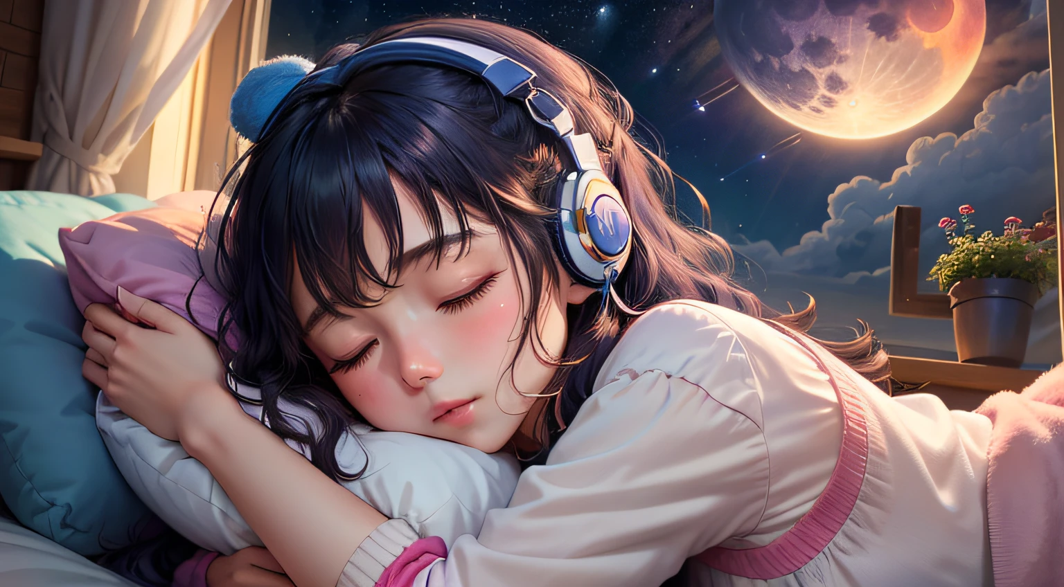 colorful、on clouds、kosmos、night, Big Moon in window、realistic、The girl is sleeping、She wears delicate headphones that blend into her hair, Only one stuffed animal、closed eyes, hugging pillow、超A high resolution