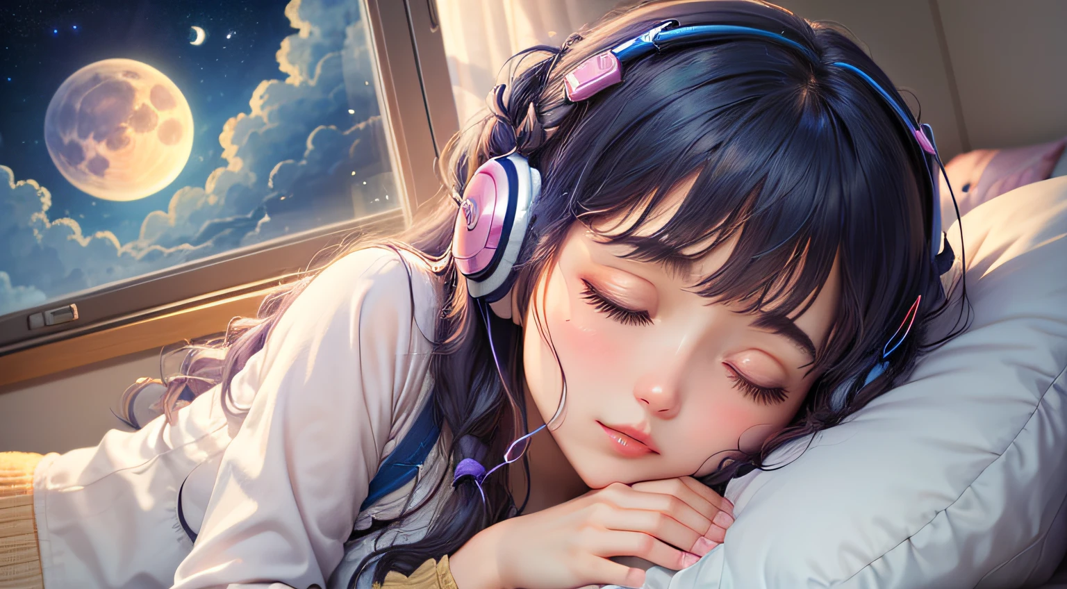 colorful、on clouds、kosmos、night, Big Moon in window、realistic、The girl is sleeping、She wears delicate headphones that blend into her hair, Only one stuffed animal、closed eyes, hugging pillow、超A high resolution