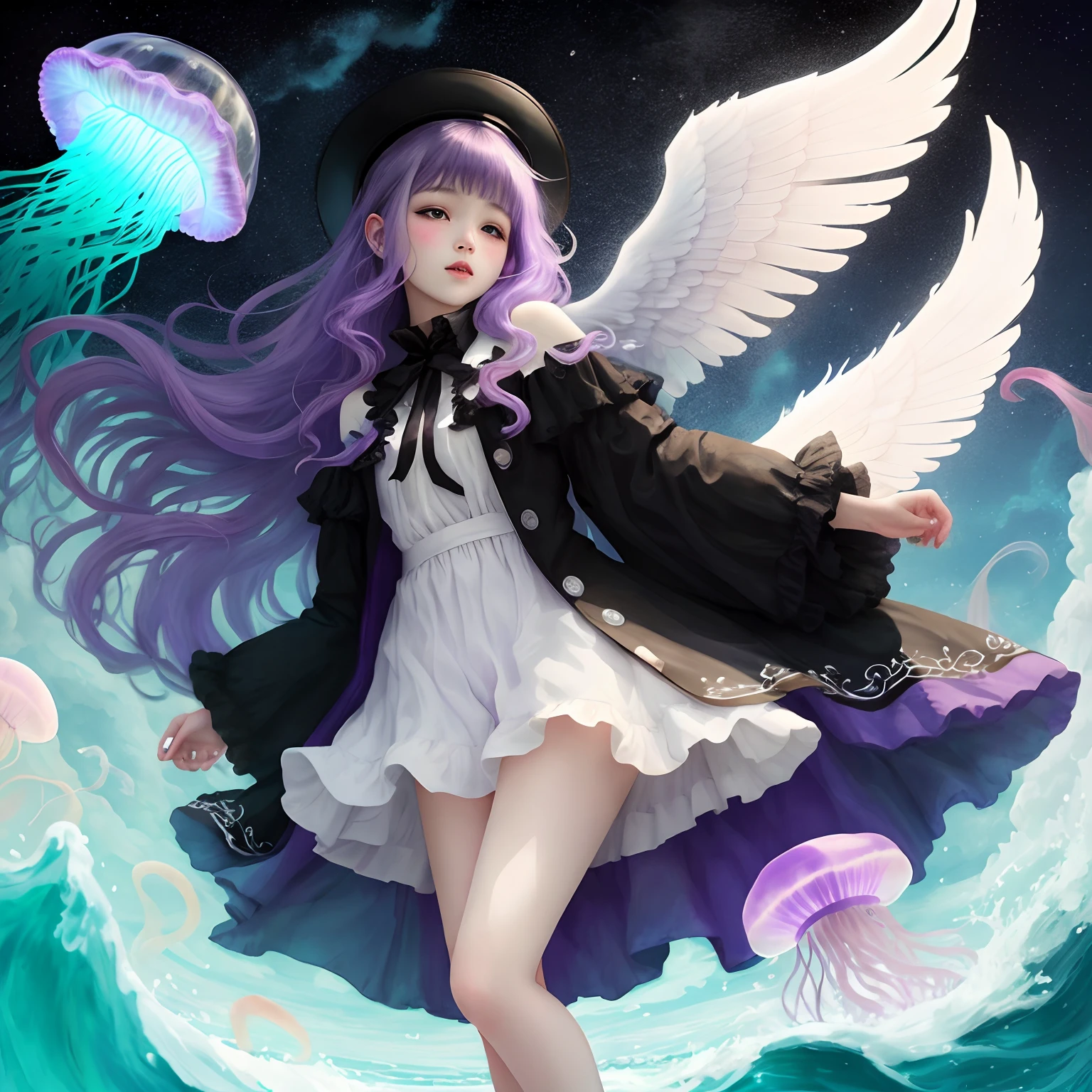 jellyfish purple hair angel white and black floating sea