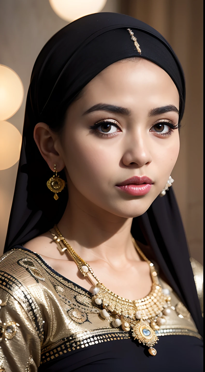 1 malay girl , modern plain hijab, shy, medium portrait shot , watery eyes , lips red glossy, big eyes, (( big breast )) , soft smile,wearing java wedding woman in black long kebaya dress traditional, glossy lipstick, golden necklace, earrings, ornate,intricate decoration, detail, flowers, blurry background, soft focus, flower garden background, bokeh background, proportional body,