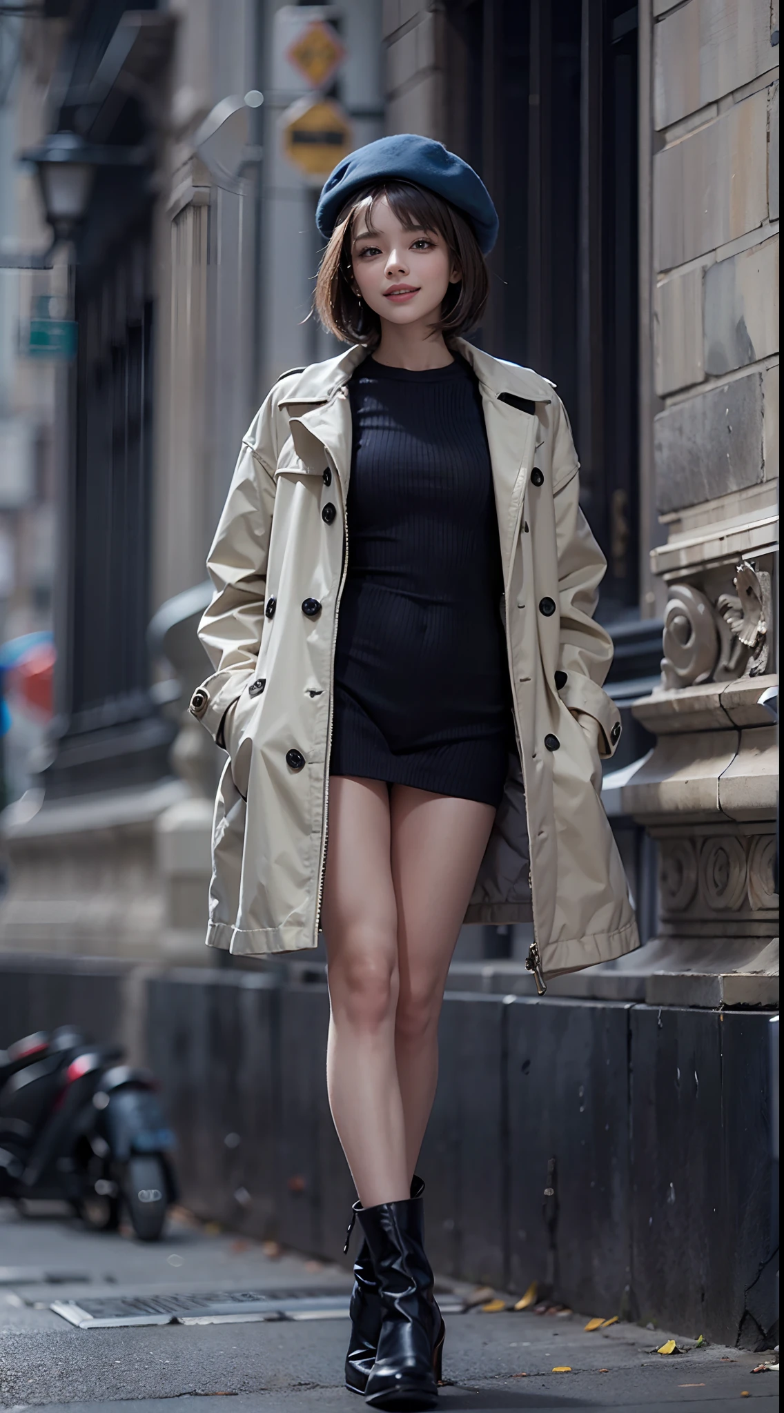 Streets of Paris, coat, beret, Skinny Long Pants, long boots, Smiling smile, (NSFW), 1womanl, 独奏, 24 year old, 7headed body, (Ideal ratio body proportions), (Composition from head to thigh), erectile nipple, Sexy body, Wet, short-hair, A dark-haired, small tits, A slender, Small buttocks, beauty legs, Skinny Legs, surrealism, Cinematic lighting, depth of fields, One-person viewpoint, F/1.8, 135 mm, nffsw, masutepiece, ccurate, ((Anatomically correct)), Textured skin, Super Detail, high details, High quality, awardwinning, Best Quality, hight resolution, 8K