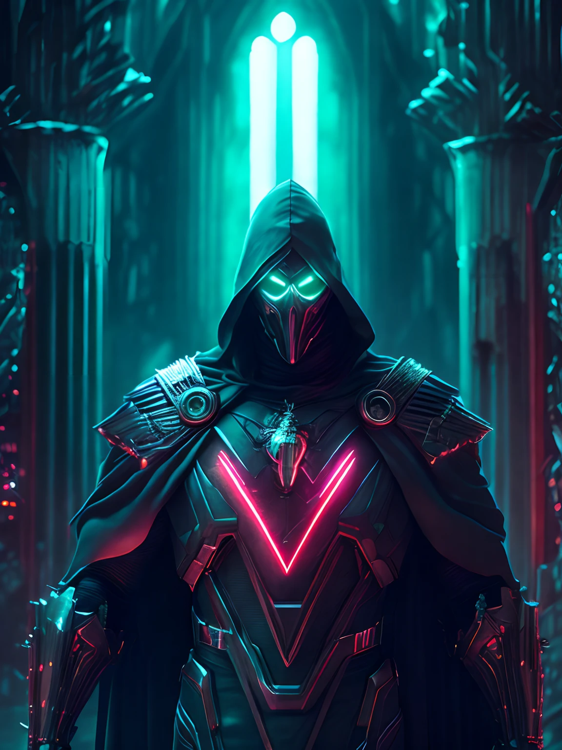 grim portrait of Marvel's evil Doctor Doom with intricate angular cybernetic implants inside a brutalist building, gothic brutalist cathedral, cyberpunk, Foto premiada, Bokeh, Neon lights, cybernetic limb