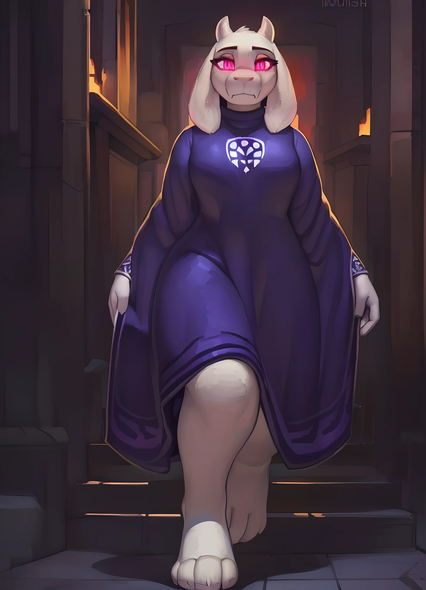 [toriel], [Undertale], [Uploaded to e621.net; (Pixelsketcher), (wamudraws), (woolrool)], ((masterpiece)), ((HD)), ((high quality)), ((solo portrait)), ((front view)), ((feet visible)), ((furry; anthro)), ((detailed fur)), ((detailed shading)), ((beautiful render art)), ((intricate details)), {anthro goat; white fur, white nose, (cute maroon glowing eyes), (short eyelashes), (short goat antlers), short fluffy tail, (gorgeous hips), (beautiful feet), (expressionless), (angry)}, {(indigo dress), (white rune on chest)}, {(walking), (arms at side), (looking at viewer)}, [background; (stone hallway), (flames), (ambient lighting)]