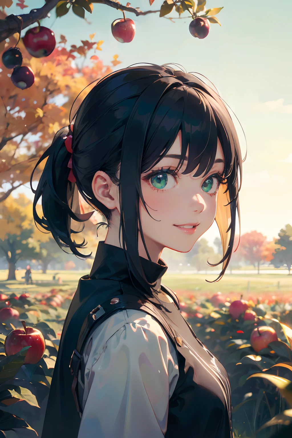 a 20 yo woman、Black blue Hair、poneyTail、Big smile、(hi-top fade:1.3)、dark themed、Muted Tones、Subdued Color、highly contrast、Green meadow background、Have autumn fruits、apple、(natural skin textures、Hyper-Realism、Soft light、sharp)