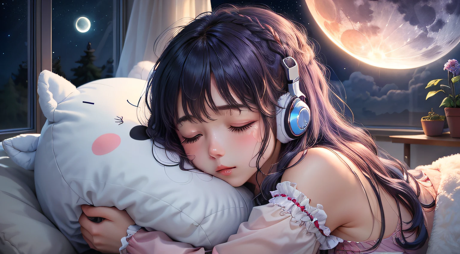 colorful、on clouds、kosmos、night, Big Moon in window、realistic、The girl is sleeping、She wears delicate headphones that blend into her hair, Only one stuffed animal、closed eyes, hugging pillow、超A high resolution