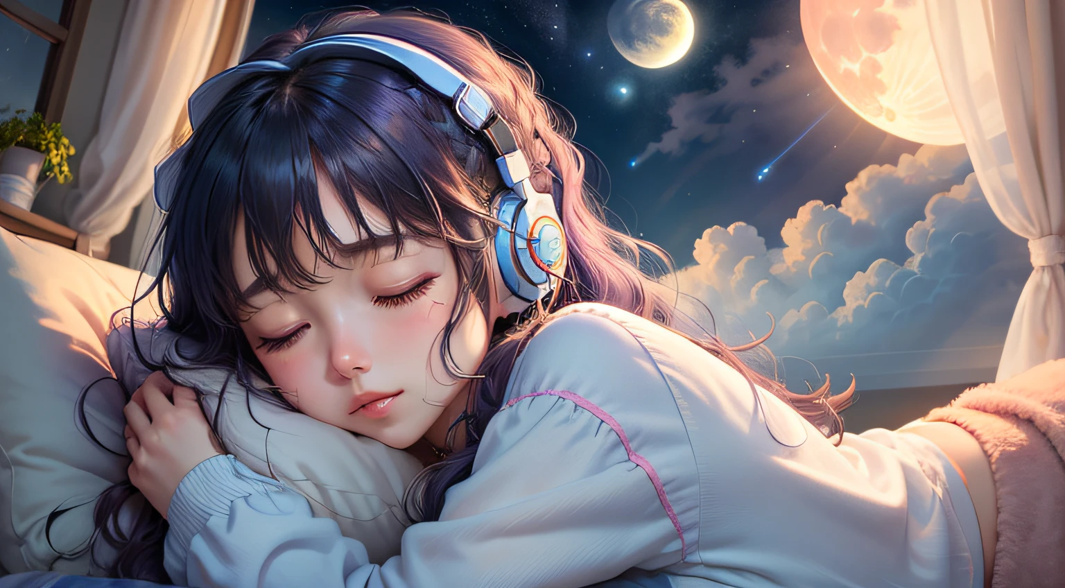 colorful、on clouds、kosmos、night, Big Moon in window、realistic、The girl is sleeping、She wears delicate headphones that blend into her hair, Only one stuffed animal、closed eyes, hugging pillow、超A high resolution