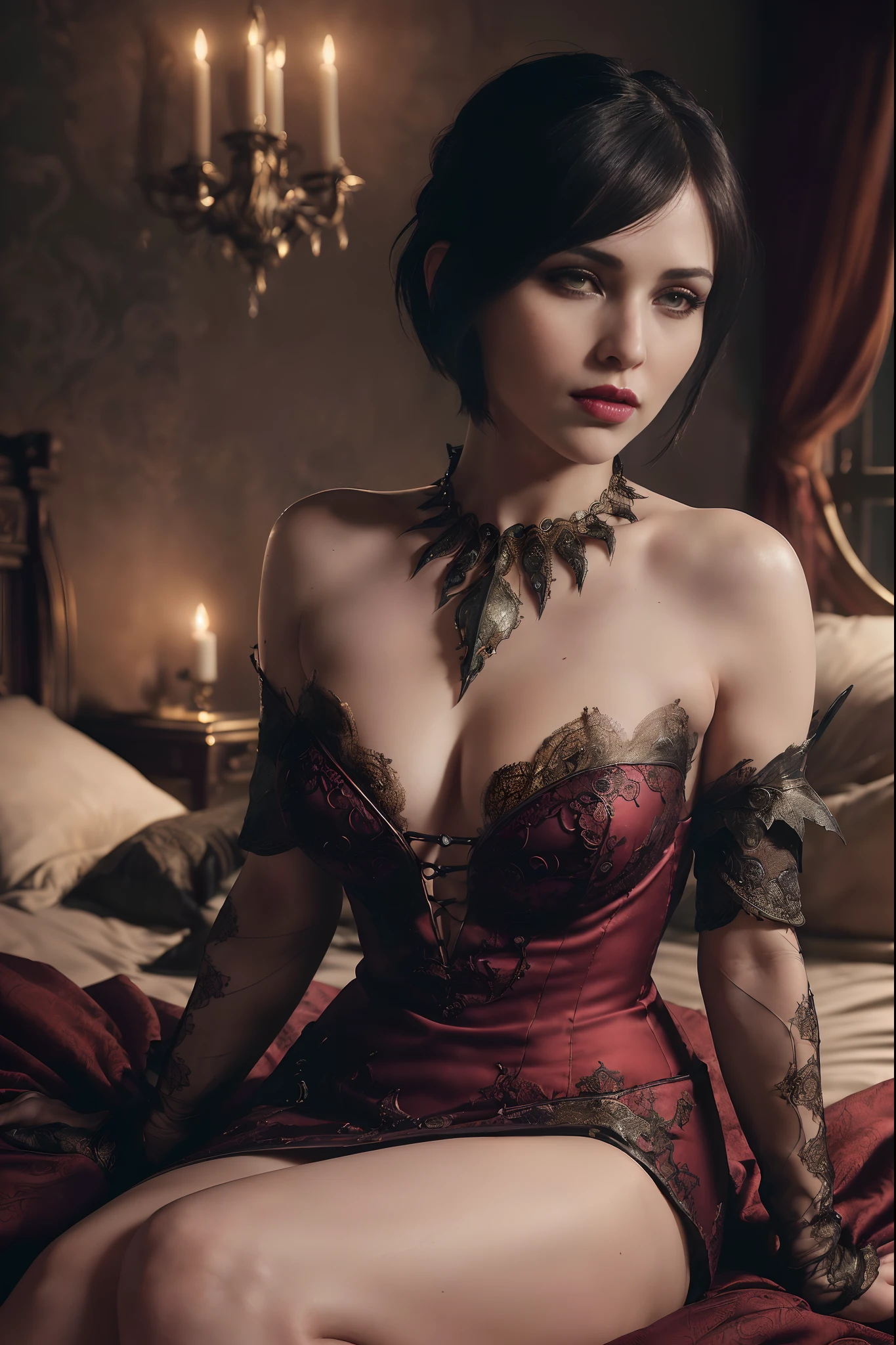 Masterpiece, Morrigan from Dragon Age, high detail plunging sexy gothic dress, lying on a bed, intricately detailed background, (UHD, 8K wallpaper, High resolution), Cinematic lighting, award-winning, extremely detailed skin, extra detailed face, high detail eyes, photo-realistic, Zeiss 85 mm F/1.4, by Ellen von Unwerth